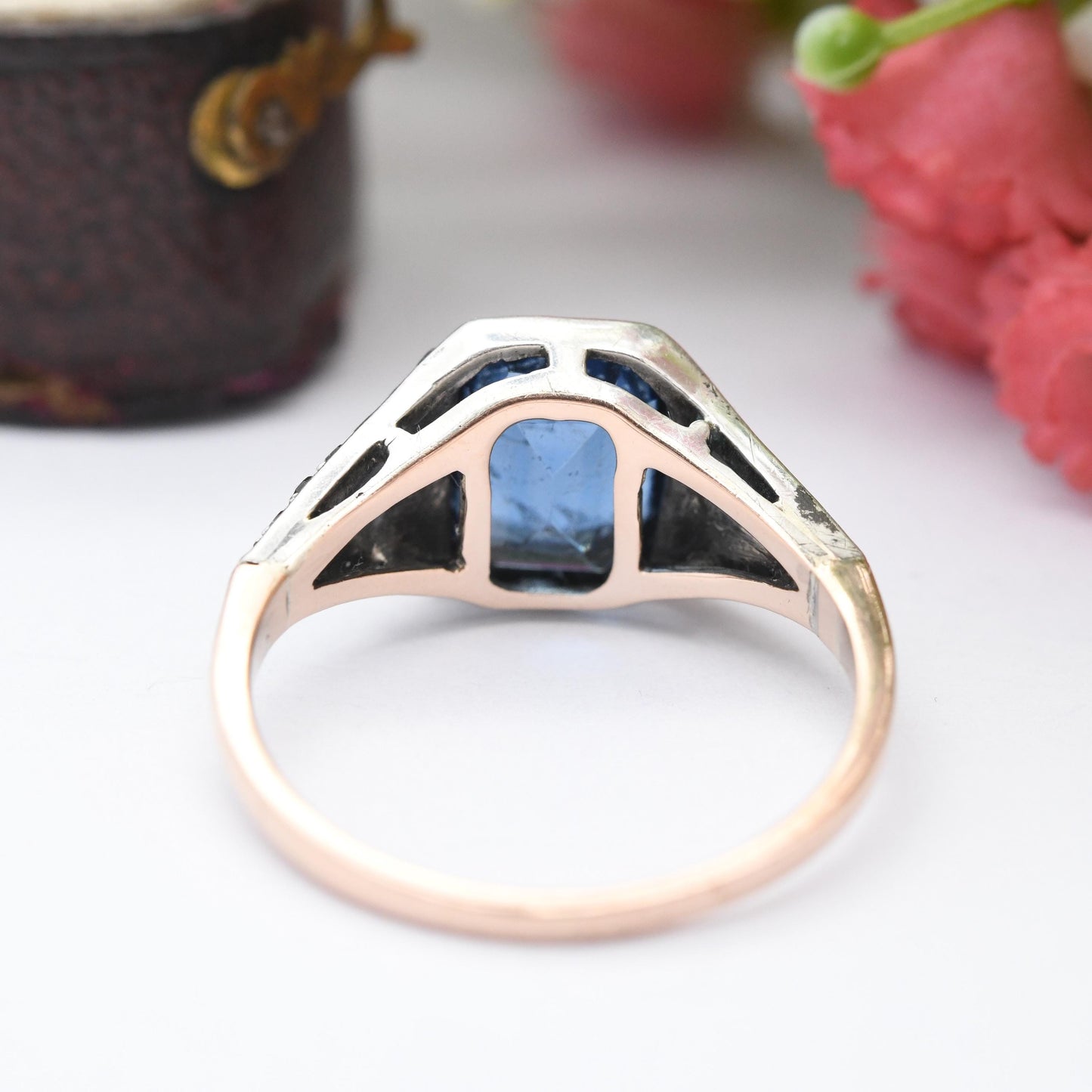 Antique Art Deco 9ct Rose Gold Blue Stone Paste Ring with Clear Side Stones - Clear Paste Shoulders Deep Blue | UK Size - P US Size - 7 3/4