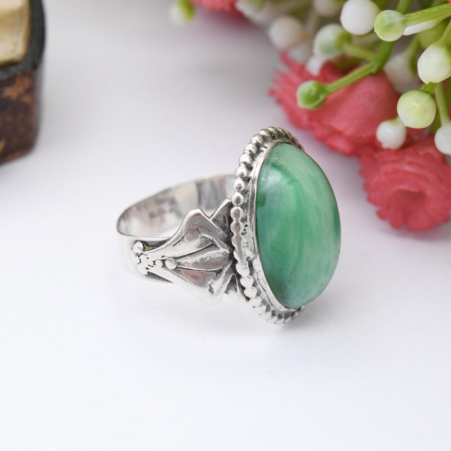 Antique Art Nouveau Sterling Silver Ring with Large Green Stone - Marble Green Stone Statement Ring c. 1900 | UK Size - N | US Size - 6 1/2