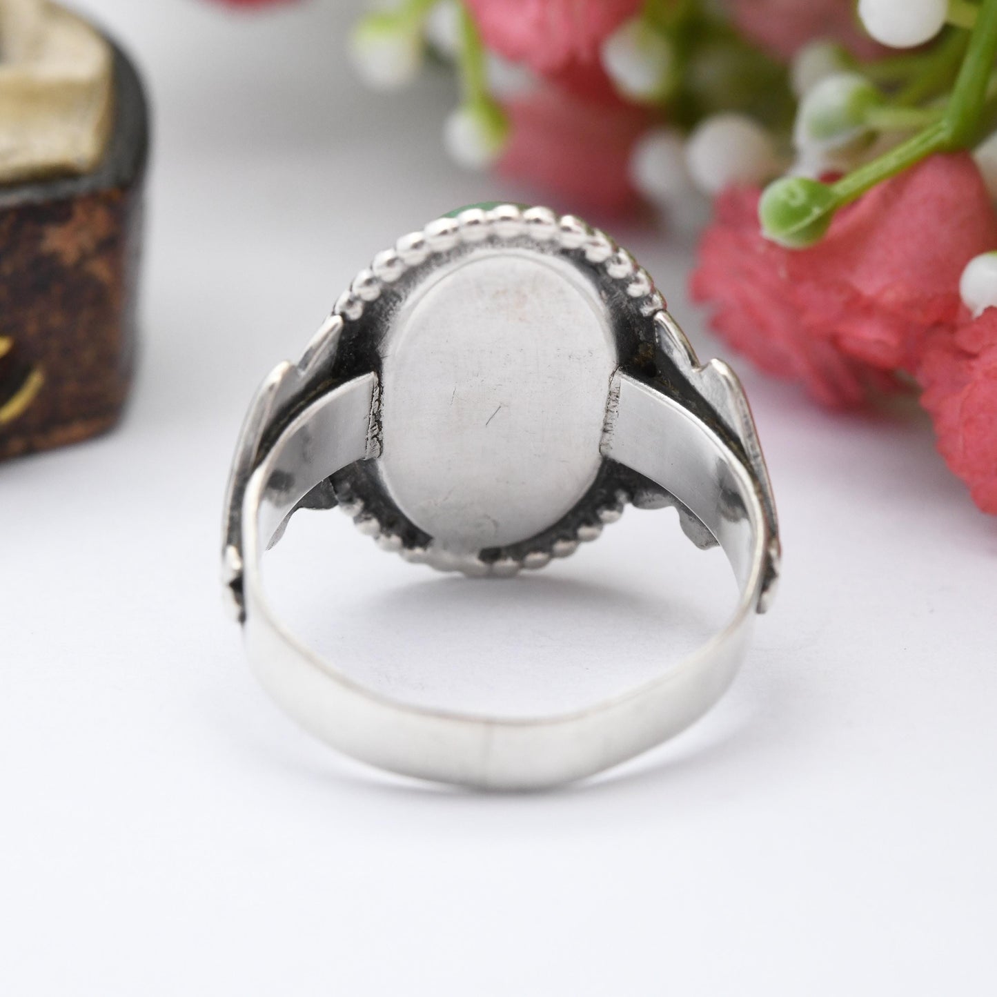 Antique Art Nouveau Sterling Silver Ring with Large Green Stone - Marble Green Stone Statement Ring c. 1900 | UK Size - N | US Size - 6 1/2