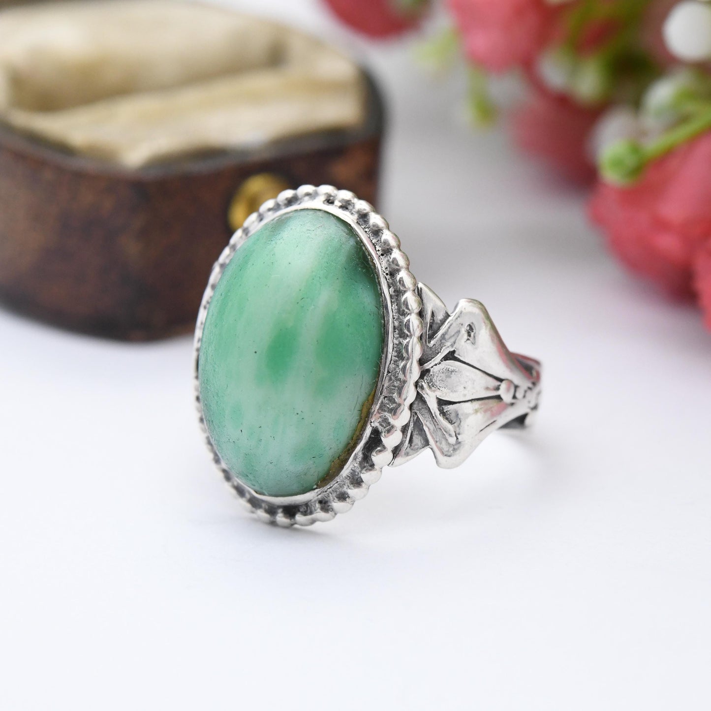 Antique Art Nouveau Sterling Silver Ring with Large Green Stone - Marble Green Stone Statement Ring c. 1900 | UK Size - N | US Size - 6 1/2