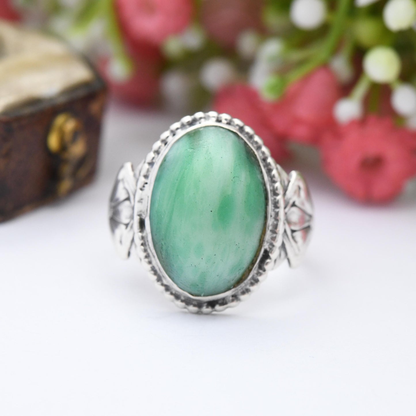 Antique Art Nouveau Sterling Silver Ring with Large Green Stone - Marble Green Stone Statement Ring c. 1900 | UK Size - N | US Size - 6 1/2