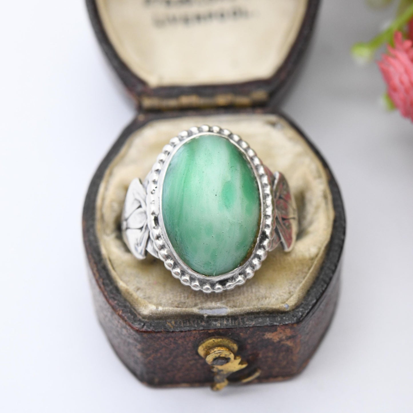 Antique Art Nouveau Sterling Silver Ring with Large Green Stone - Marble Green Stone Statement Ring c. 1900 | UK Size - N | US Size - 6 1/2