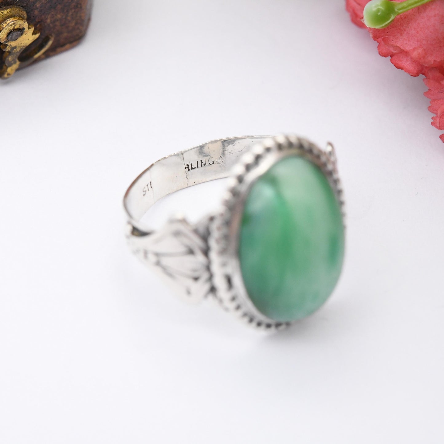 Antique Art Nouveau Sterling Silver Ring with Large Green Stone - Marble Green Stone Statement Ring c. 1900 | UK Size - N | US Size - 6 1/2