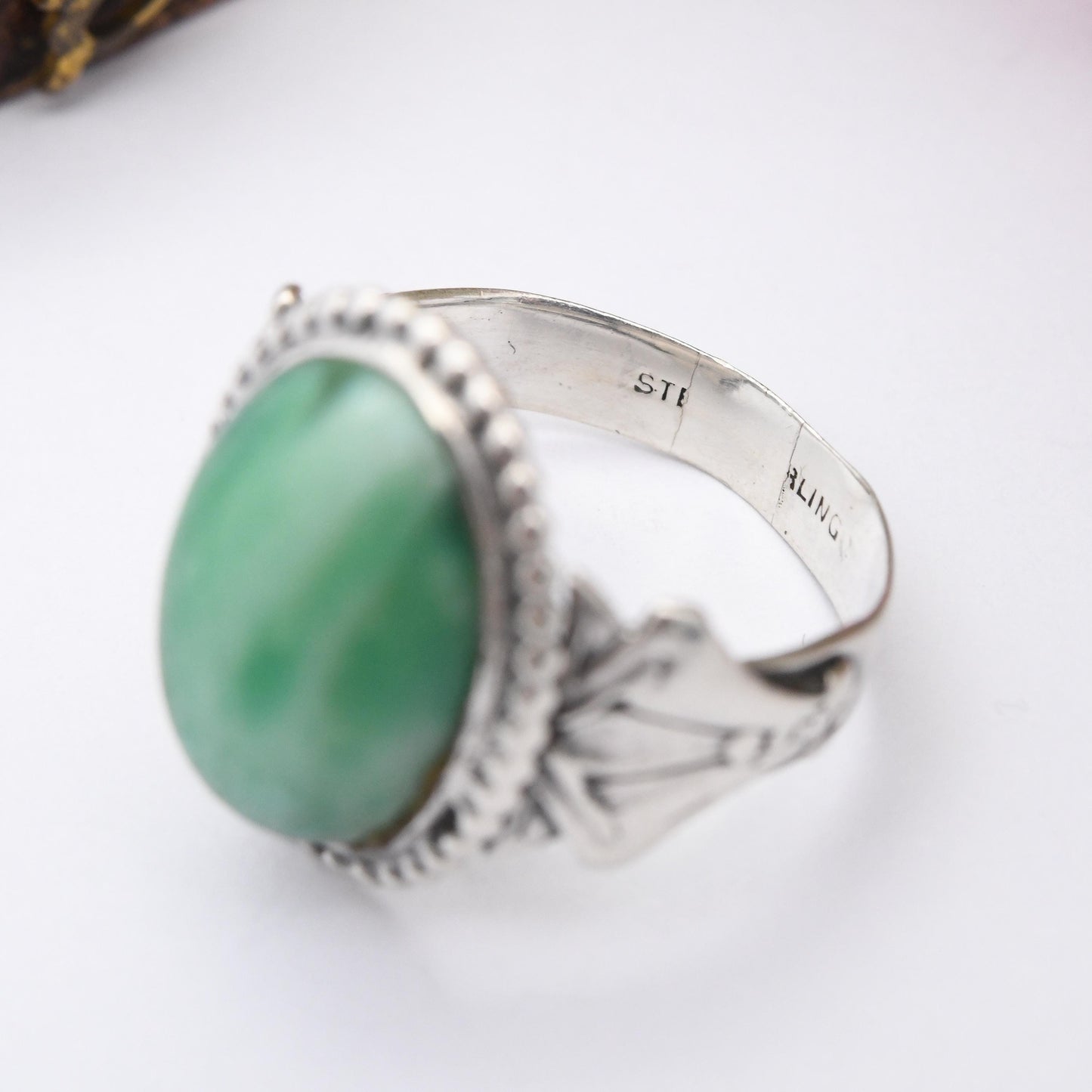 Antique Art Nouveau Sterling Silver Ring with Large Green Stone - Marble Green Stone Statement Ring c. 1900 | UK Size - N | US Size - 6 1/2