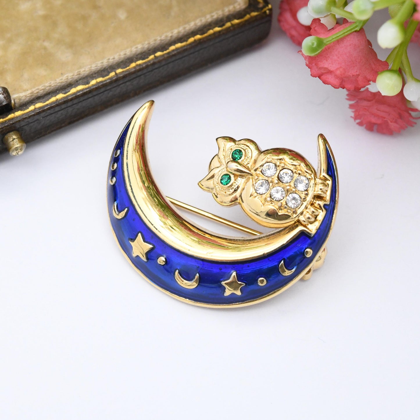 Vintage BJ Owl on a Crescent Moon Brooch Beatrix Jewelry - Gold Tone Blue Enamel Moon Rhinestone Jewellery Gift for Her | Whimsical Style