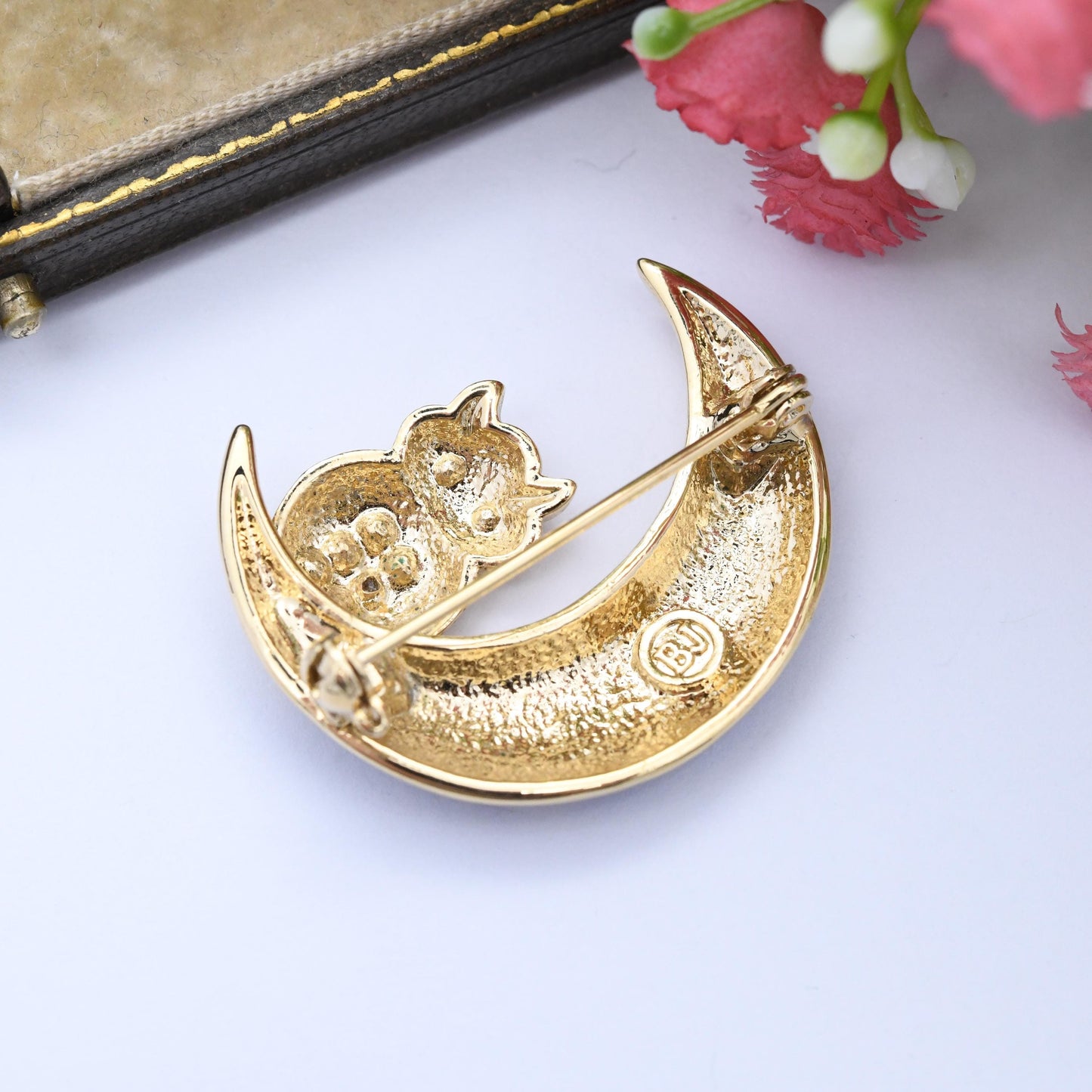 Vintage BJ Owl on a Crescent Moon Brooch Beatrix Jewelry - Gold Tone Blue Enamel Moon Rhinestone Jewellery Gift for Her | Whimsical Style