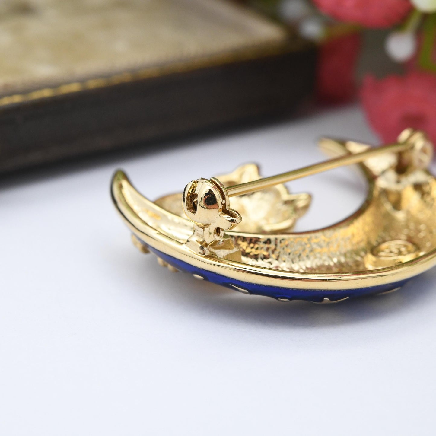 Vintage BJ Owl on a Crescent Moon Brooch Beatrix Jewelry - Gold Tone Blue Enamel Moon Rhinestone Jewellery Gift for Her | Whimsical Style