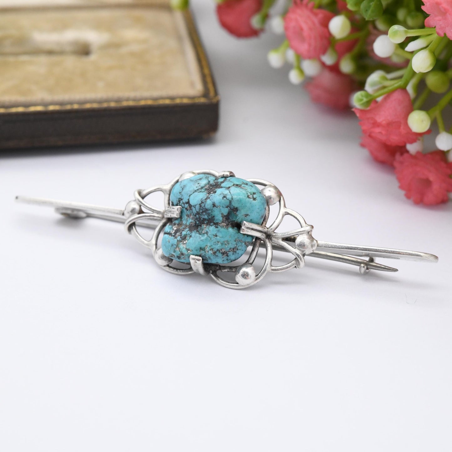 Vintage Sterling Silver Turquoise Bar Brooch - True Vintage c. 1930s | Large Blue Gemstone Tumbled Turquoise Jewellery