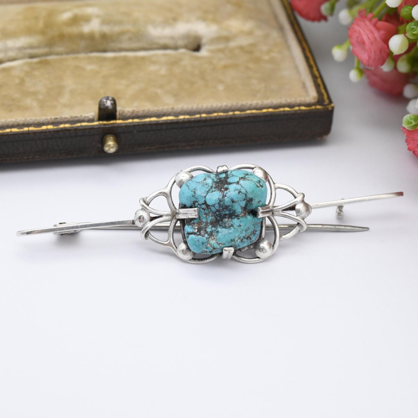 Vintage Sterling Silver Turquoise Bar Brooch - True Vintage c. 1930s | Large Blue Gemstone Tumbled Turquoise Jewellery