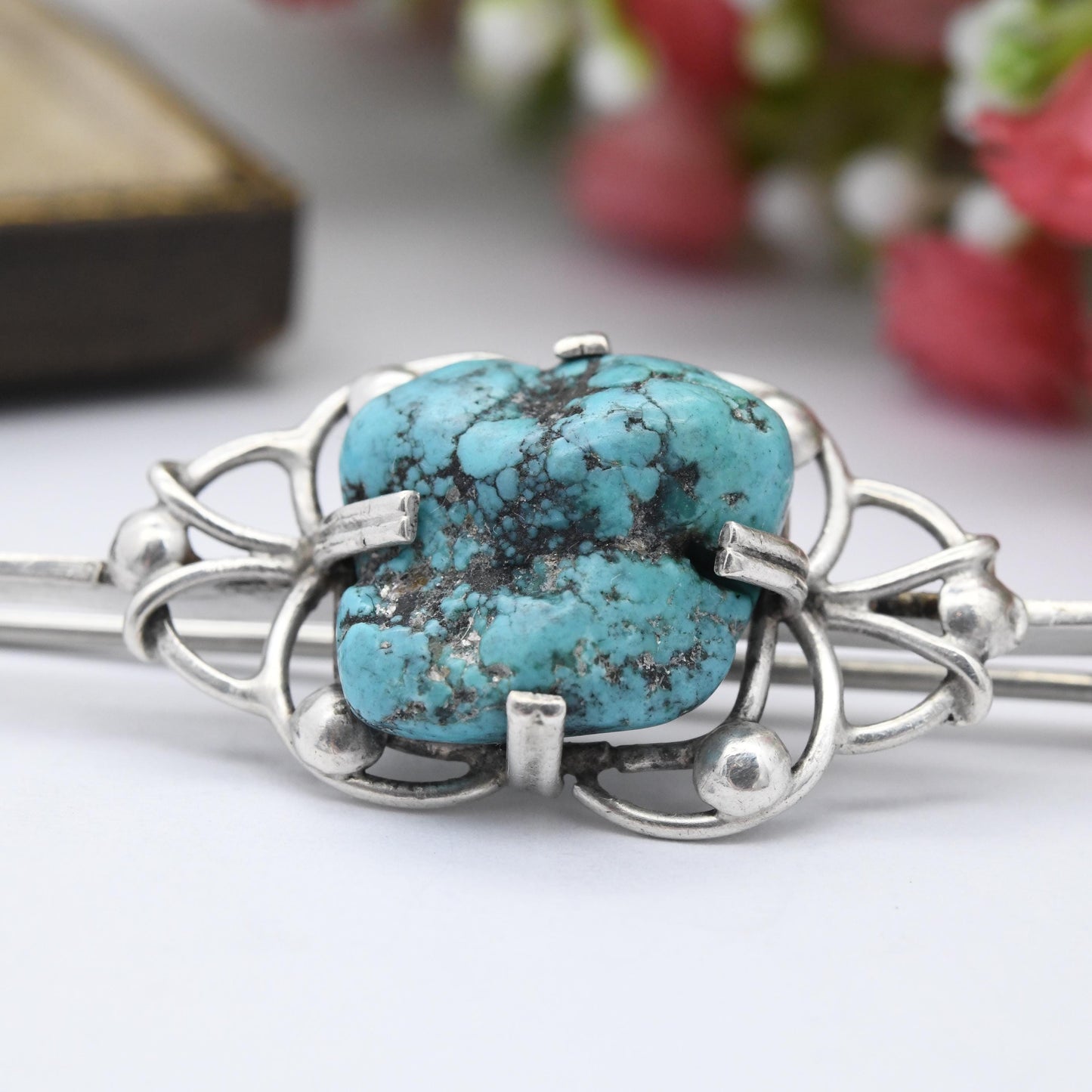 Vintage Sterling Silver Turquoise Bar Brooch - True Vintage c. 1930s | Large Blue Gemstone Tumbled Turquoise Jewellery