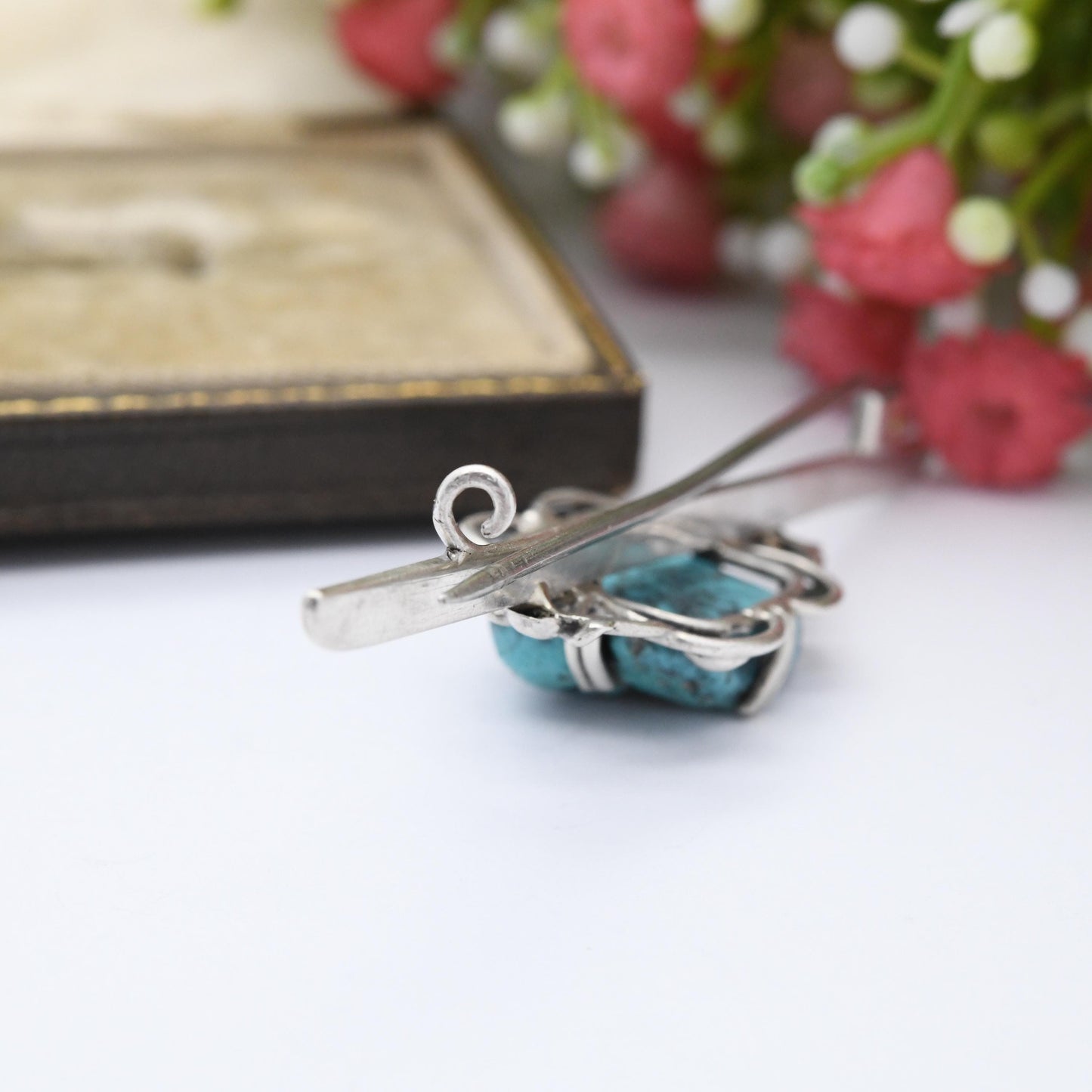 Vintage Sterling Silver Turquoise Bar Brooch - True Vintage c. 1930s | Large Blue Gemstone Tumbled Turquoise Jewellery