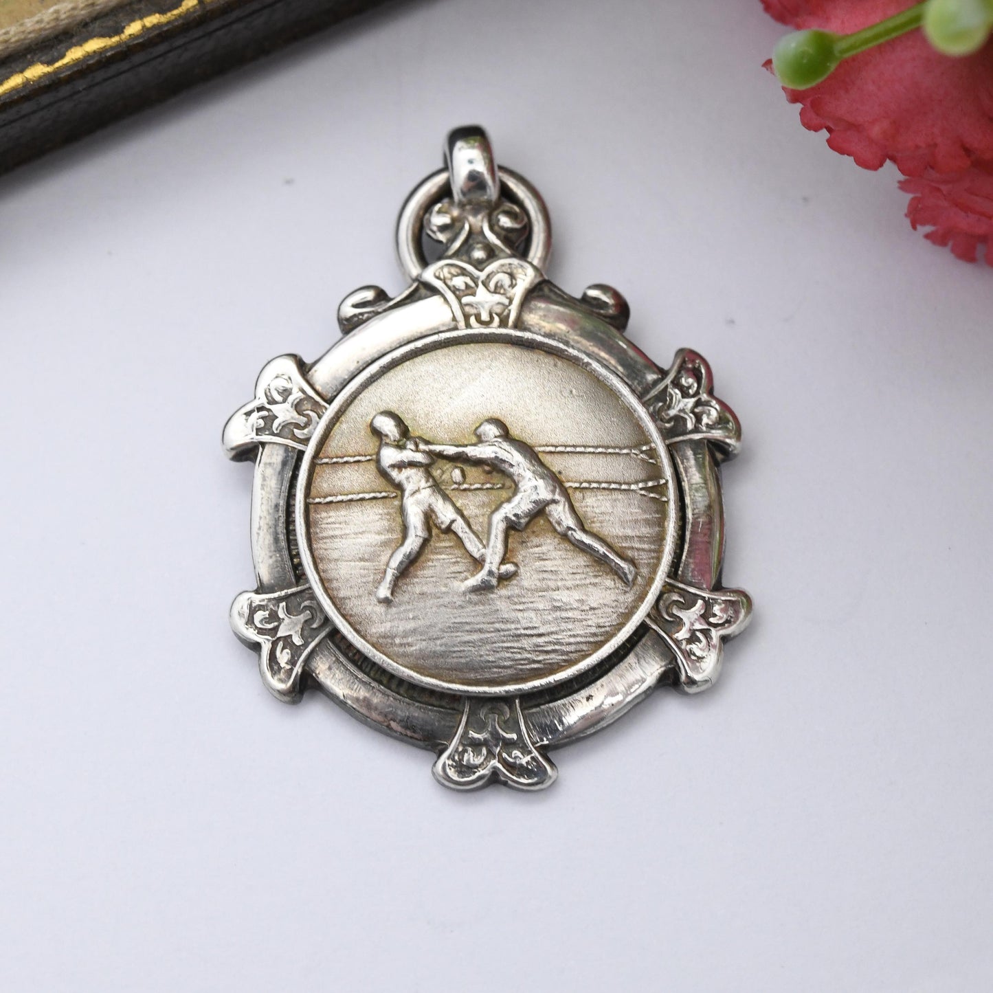 Vintage Sterling Silver Boxing Watch Fob Pendant 1930 by Turner and Simpson T&S - Sports Theme Boxing Medal Ring Scene