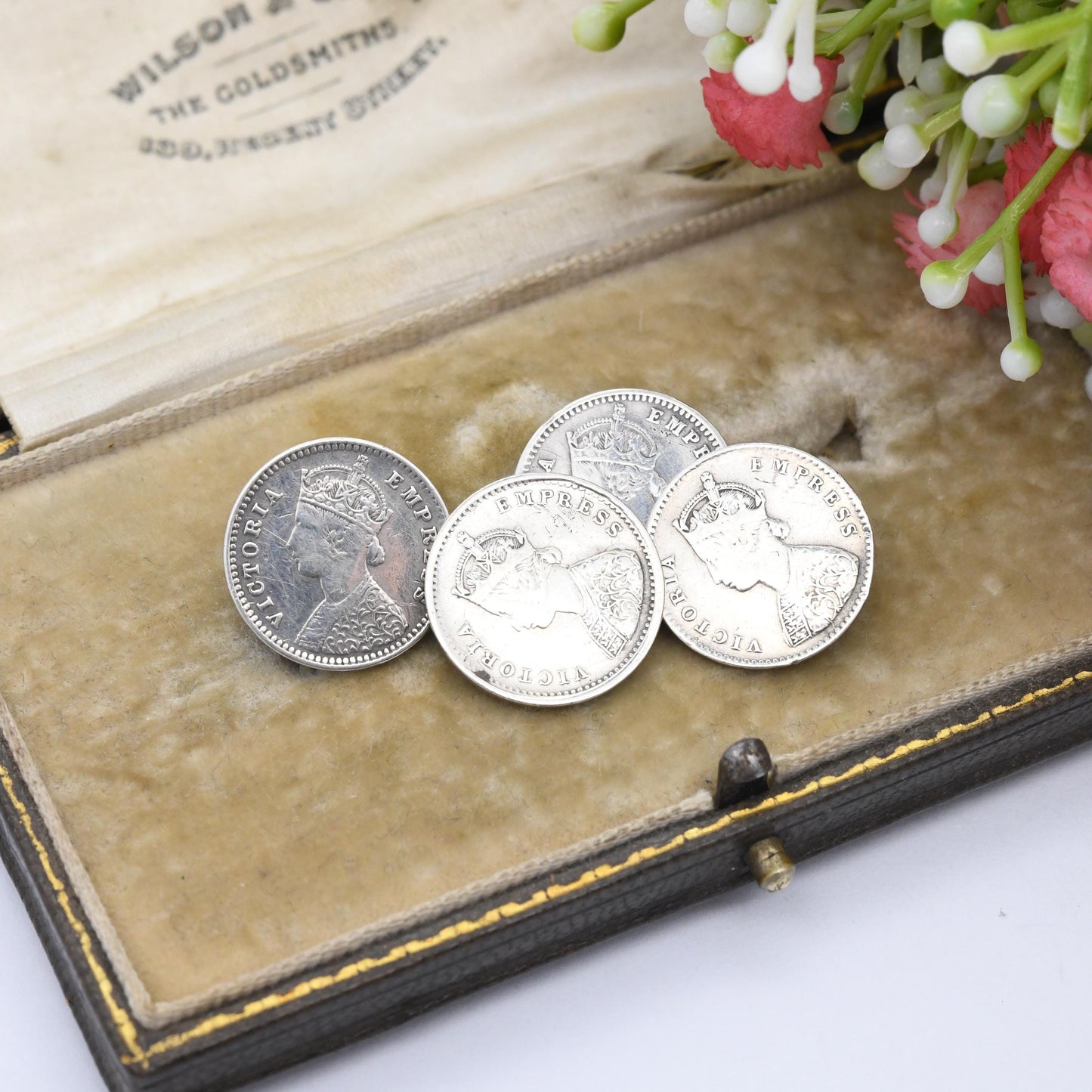 Antique Silver Victoria Coin Cufflinks with Crowned Head - 1880s Two Annas British India | Empress Victoria Collectable Gift