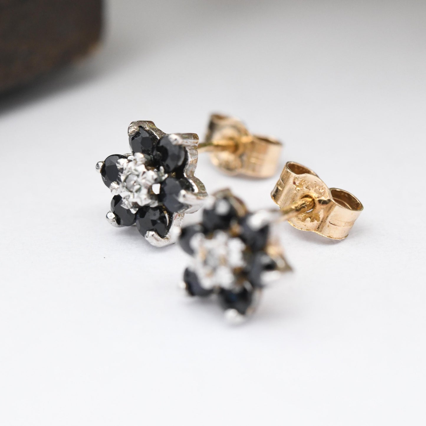 Vintage 9ct Gold Sapphire and Diamond Flower Stud Earrings by P&R Bushell - Floral Blue Gemstone Studs with Butterfly Backs