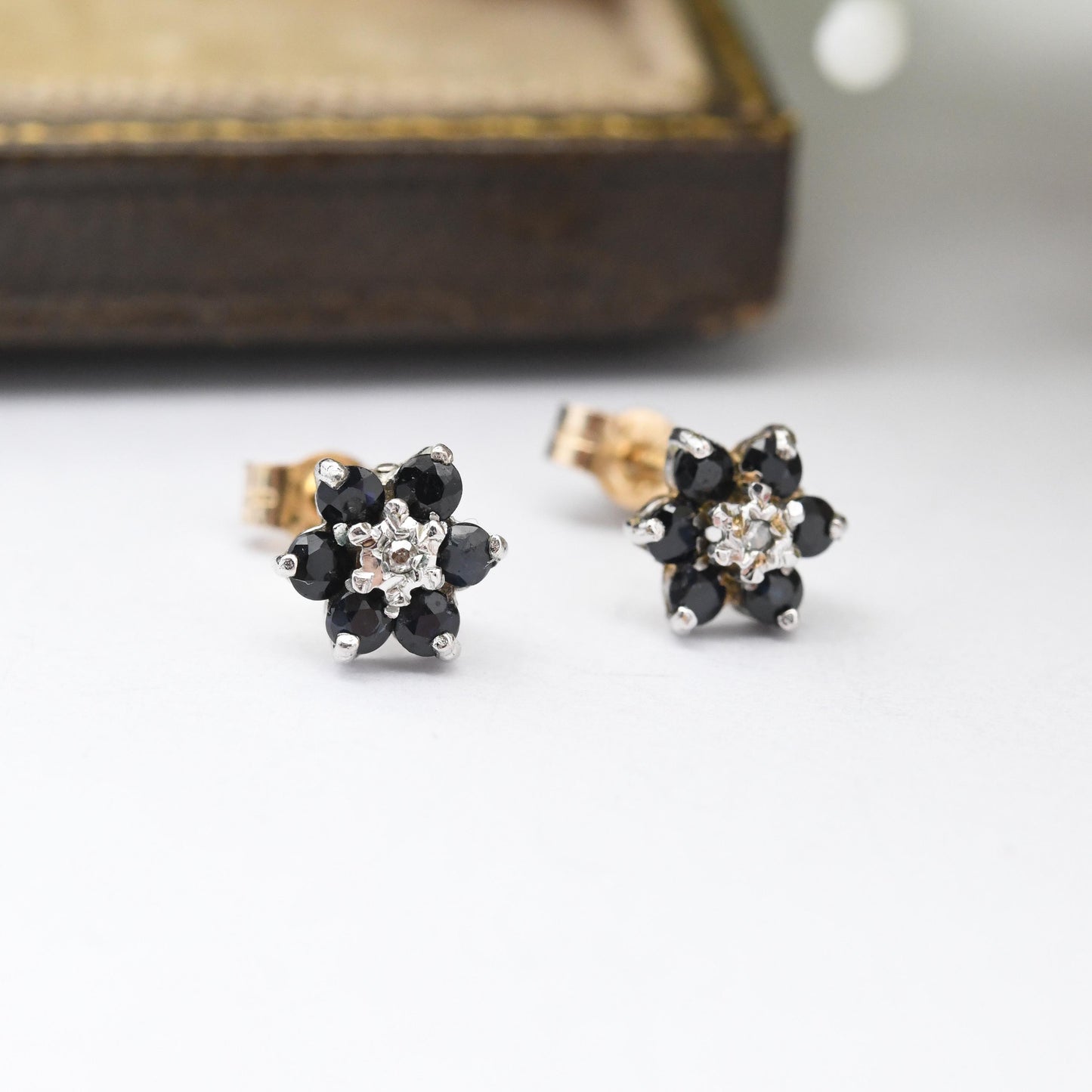 Vintage 9ct Gold Sapphire and Diamond Flower Stud Earrings by P&R Bushell - Floral Blue Gemstone Studs with Butterfly Backs