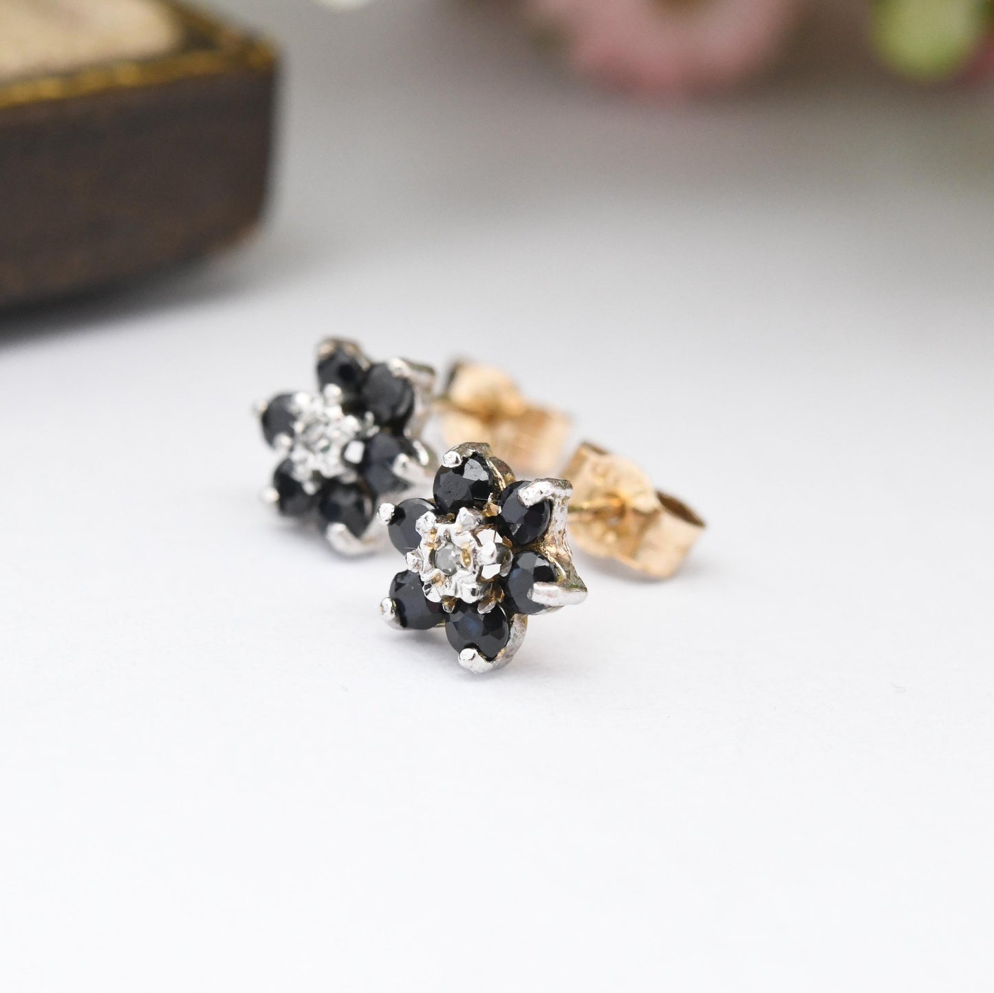 Vintage 9ct Gold Sapphire and Diamond Flower Stud Earrings by P&R Bushell - Floral Blue Gemstone Studs with Butterfly Backs