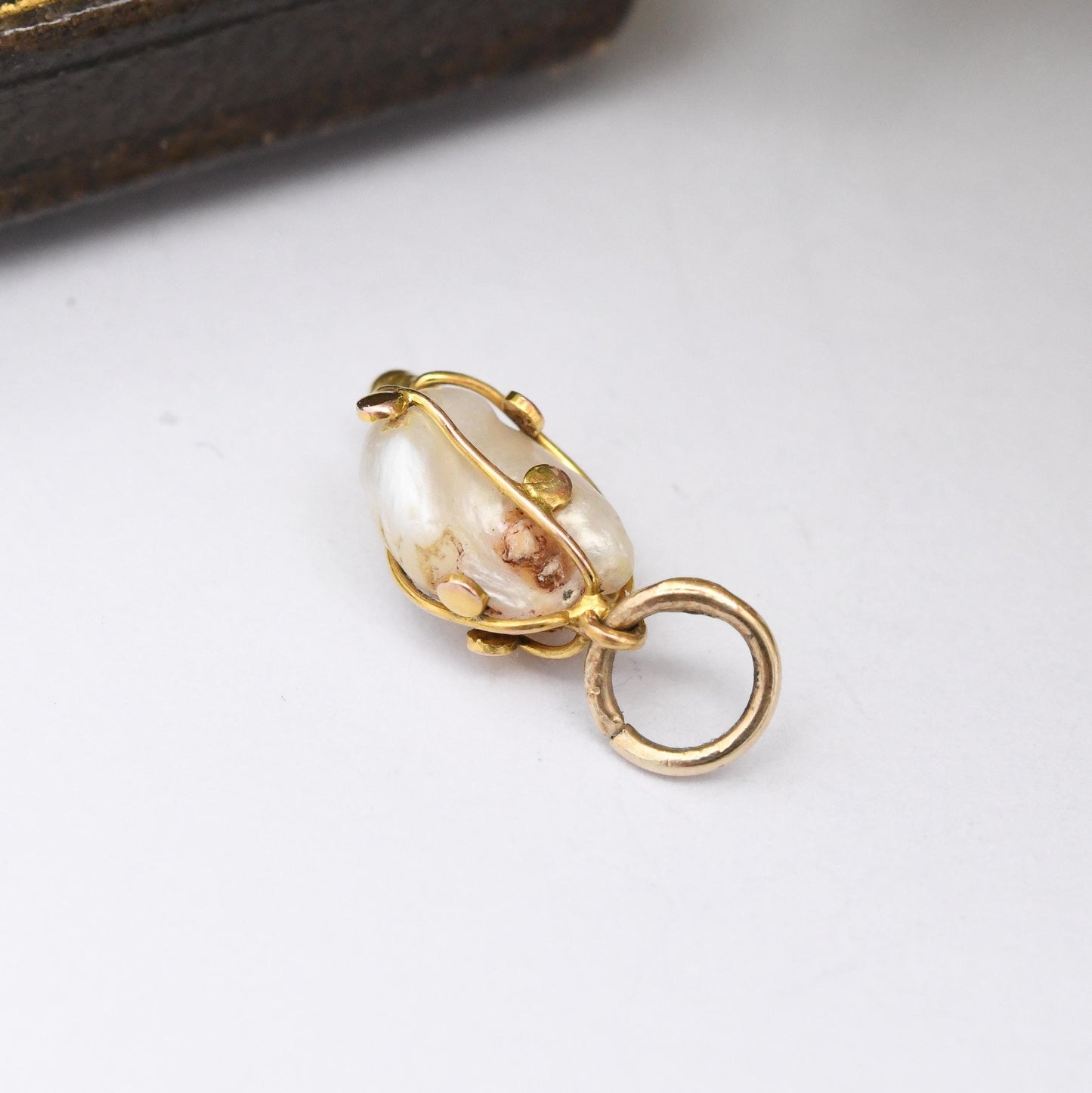 Vintage 9ct Gold Baroque Pearl Charm Pendant - Small Mid-Century Cage Set Wonky Pearl | Gift for Charm Collection
