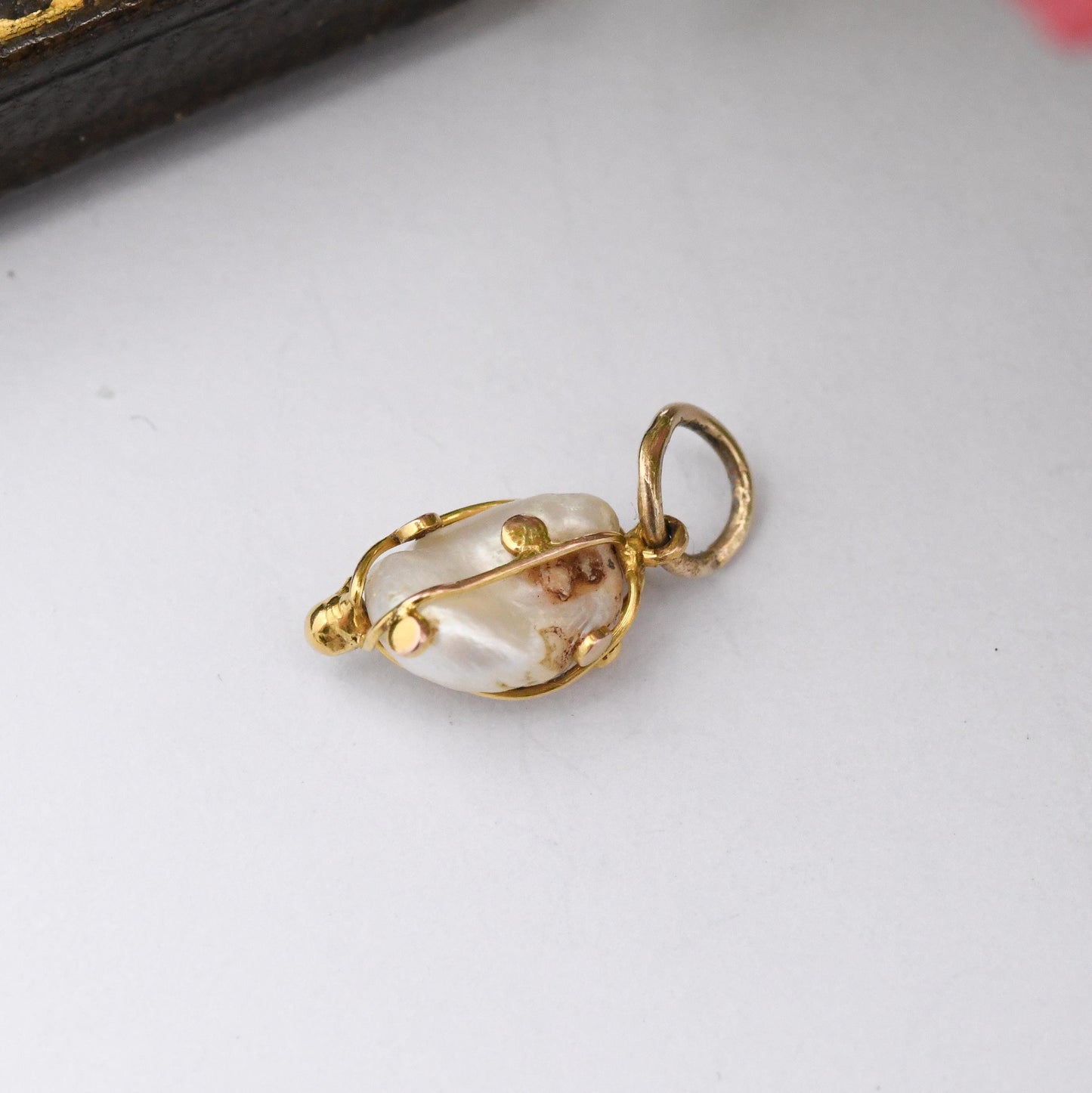 Vintage 9ct Gold Baroque Pearl Charm Pendant - Small Mid-Century Cage Set Wonky Pearl | Gift for Charm Collection