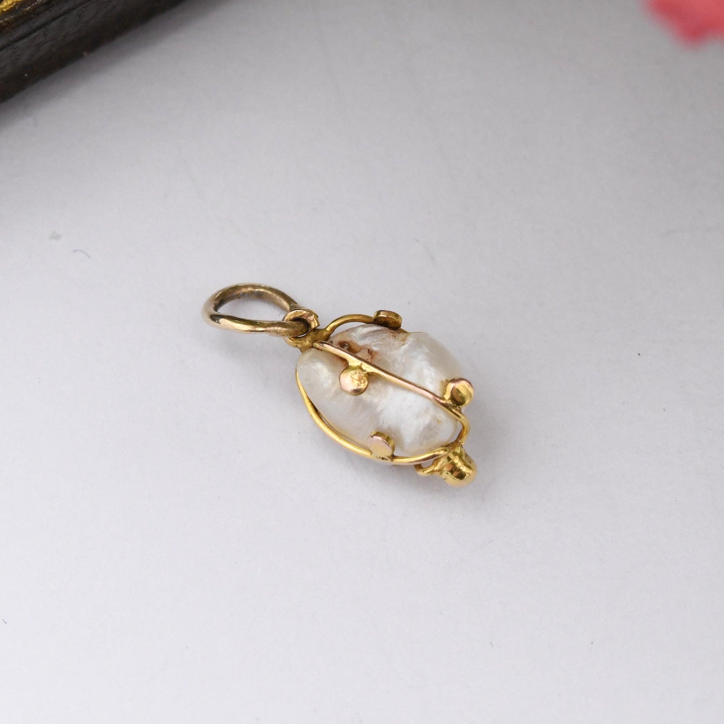 Vintage 9ct Gold Baroque Pearl Charm Pendant - Small Mid-Century Cage Set Wonky Pearl | Gift for Charm Collection