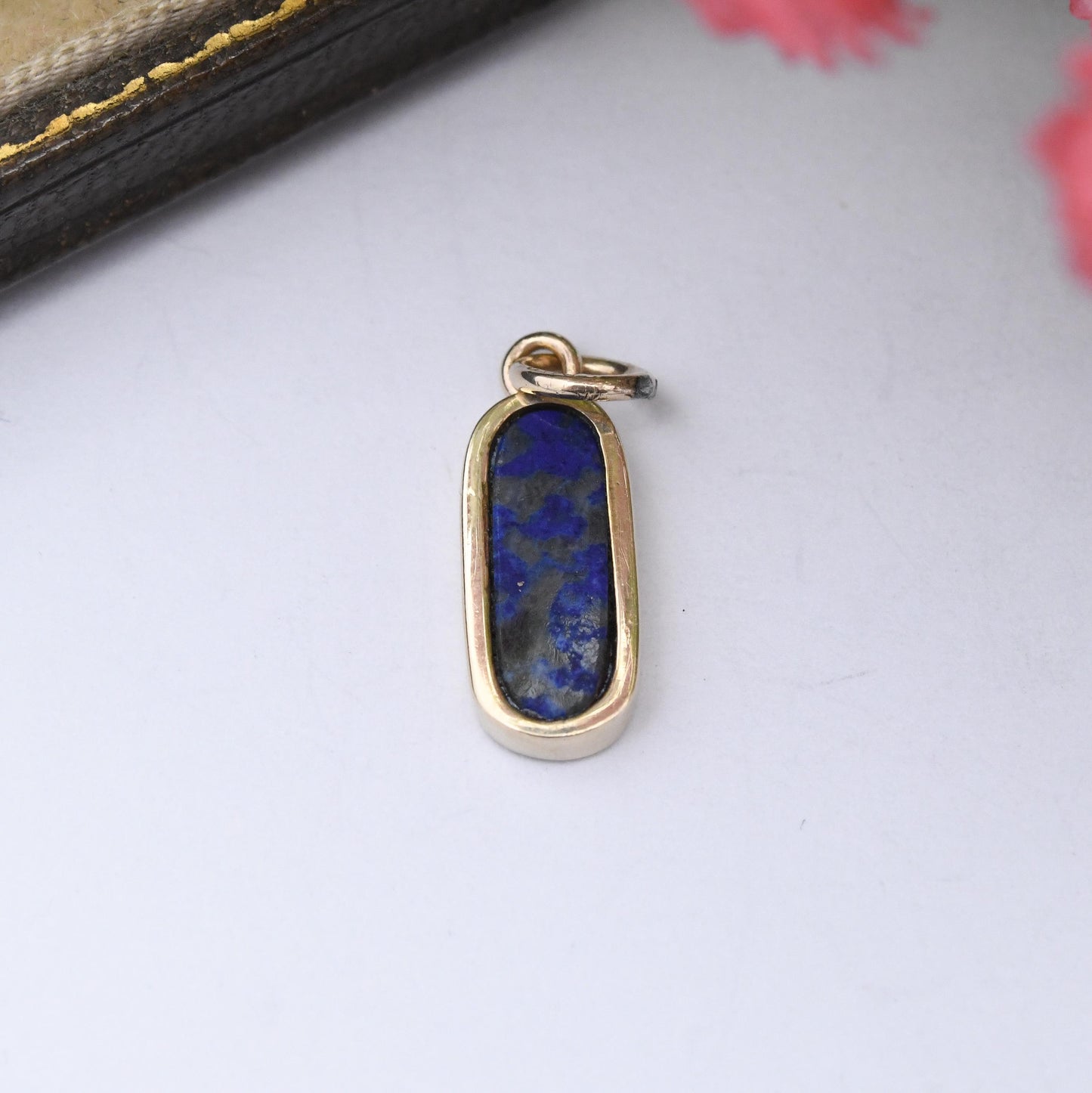 Vintage 9ct Gold Lapis Lazuli Pendant - Small Gold Charm for Necklace Stack Solid Gold Mottled Blue Gemstone Jewellery Gift for Her Oval