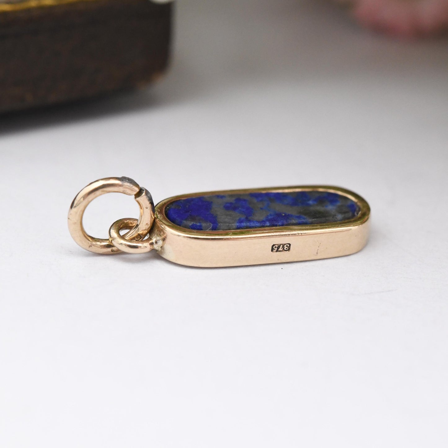 Vintage 9ct Gold Lapis Lazuli Pendant - Small Gold Charm for Necklace Stack Solid Gold Mottled Blue Gemstone Jewellery Gift for Her Oval