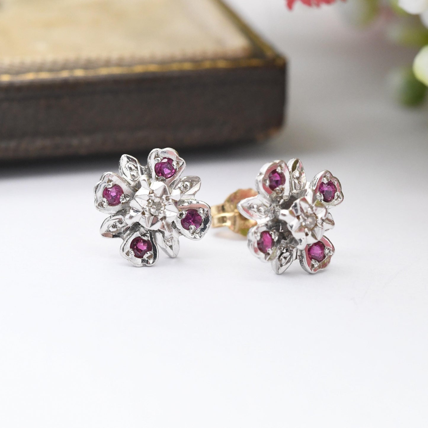 Vintage 9ct White Gold Ruby Diamond Flower Earrings 1977 - Quatrefoil Floral Studs | April July Birthstone Gift | Butterfly Backs Solid Gold
