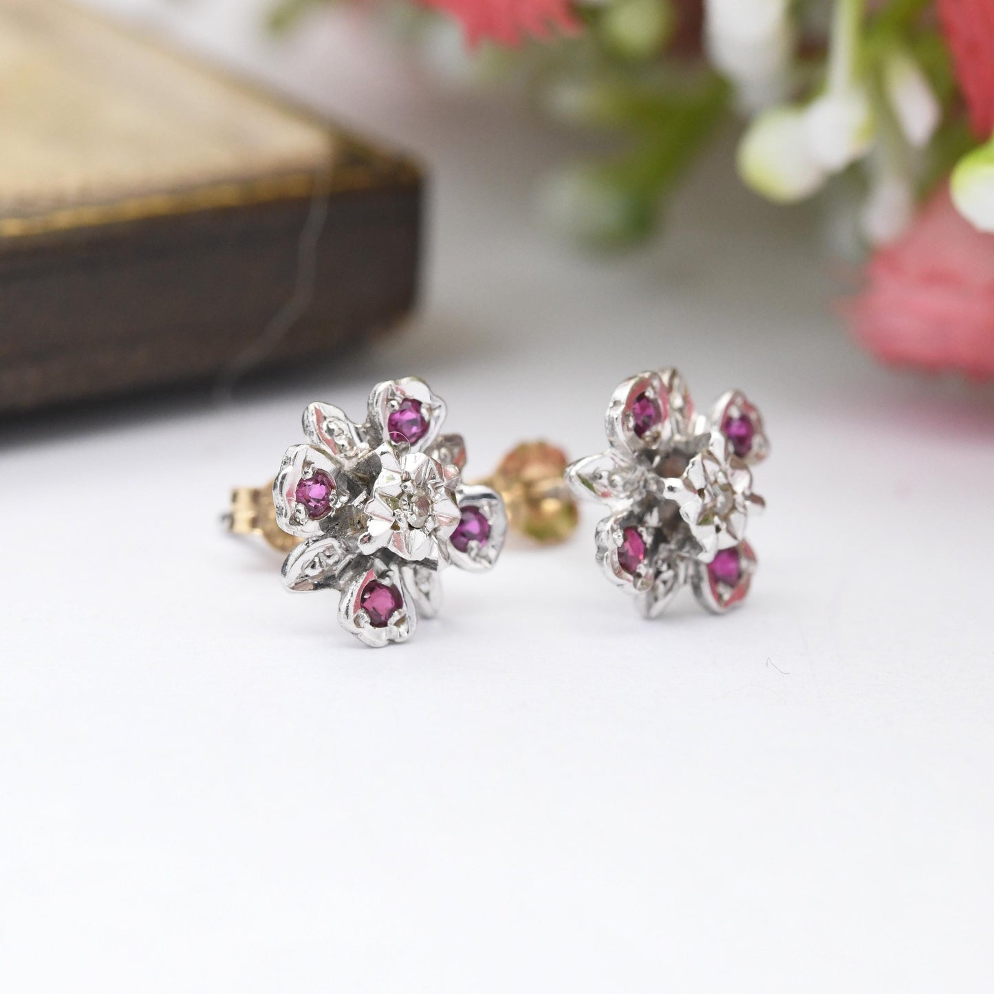 Vintage 9ct White Gold Ruby Diamond Flower Earrings 1977 - Quatrefoil Floral Studs | April July Birthstone Gift | Butterfly Backs Solid Gold