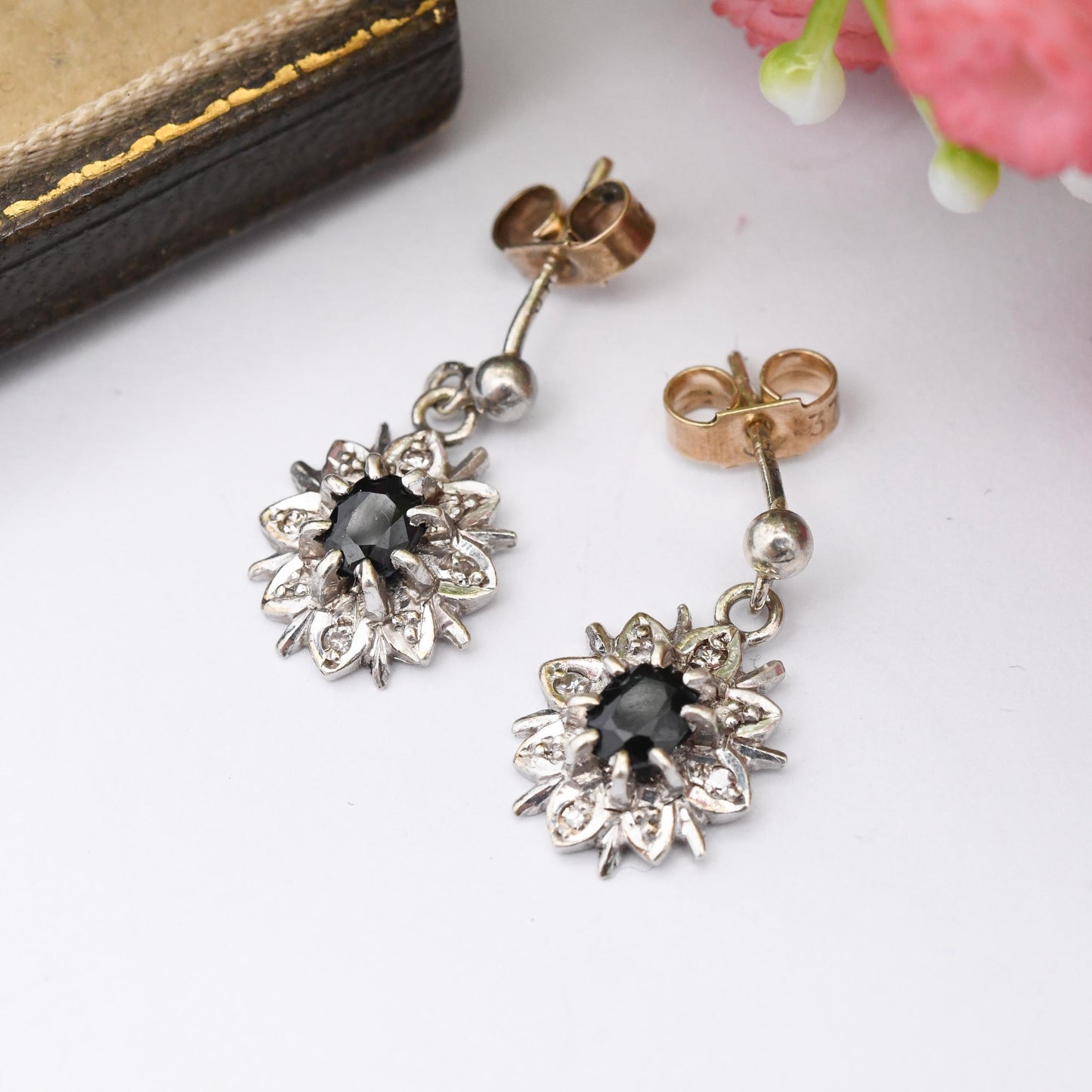 Vintage 9ct White Gold Sapphire Diamond Floral Cluster Drop Earrings - Stud with Butterfly Backs Star Flower Gemstone Jewellery Gift for Her