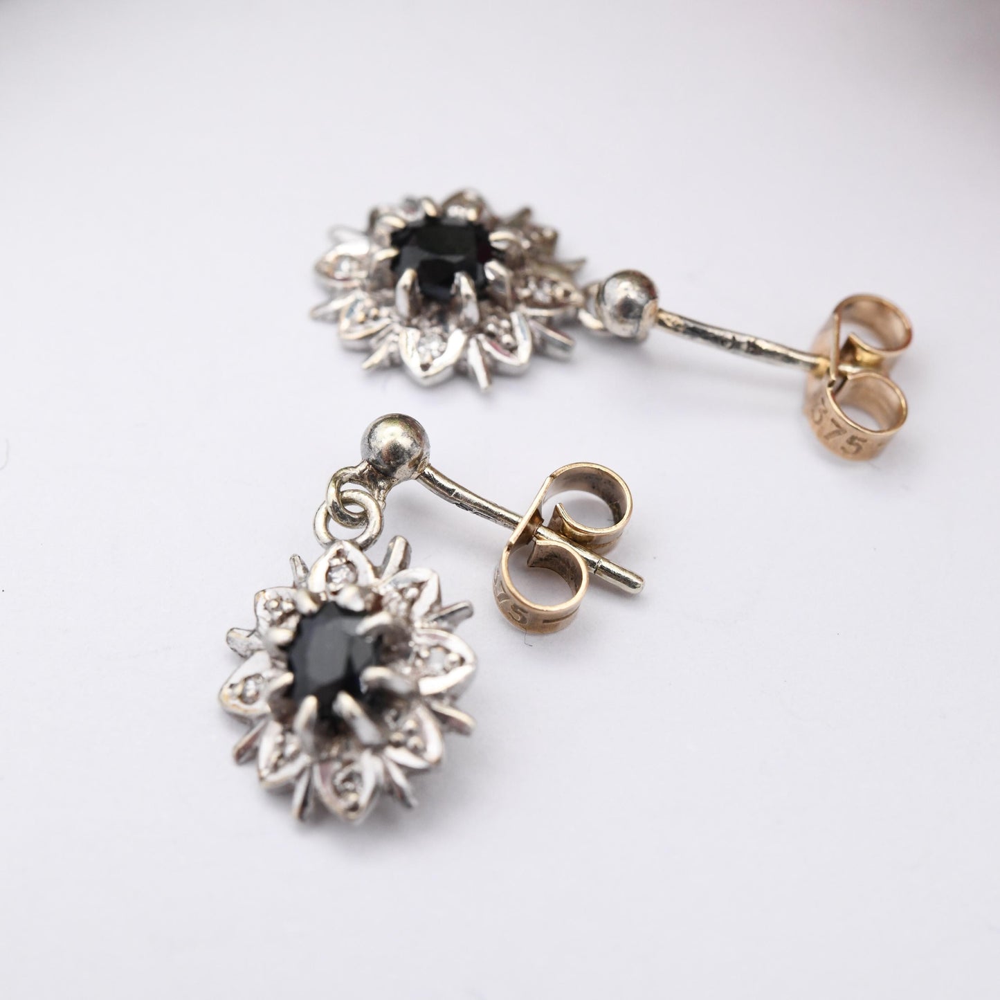 Vintage 9ct White Gold Sapphire Diamond Floral Cluster Drop Earrings - Stud with Butterfly Backs Star Flower Gemstone Jewellery Gift for Her
