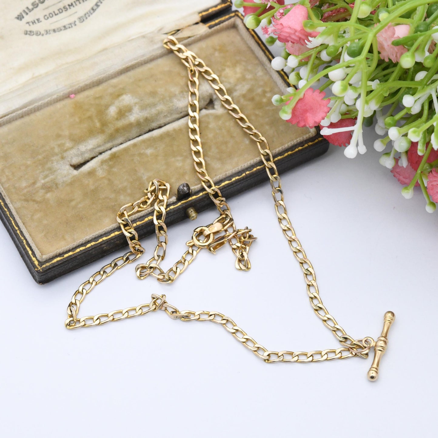 Vintage 9ct Gold Flat Curb Link Chain Necklace with T-Bar Pendant - Everyday Solid Gold Jewellery | 18.5" 47cm