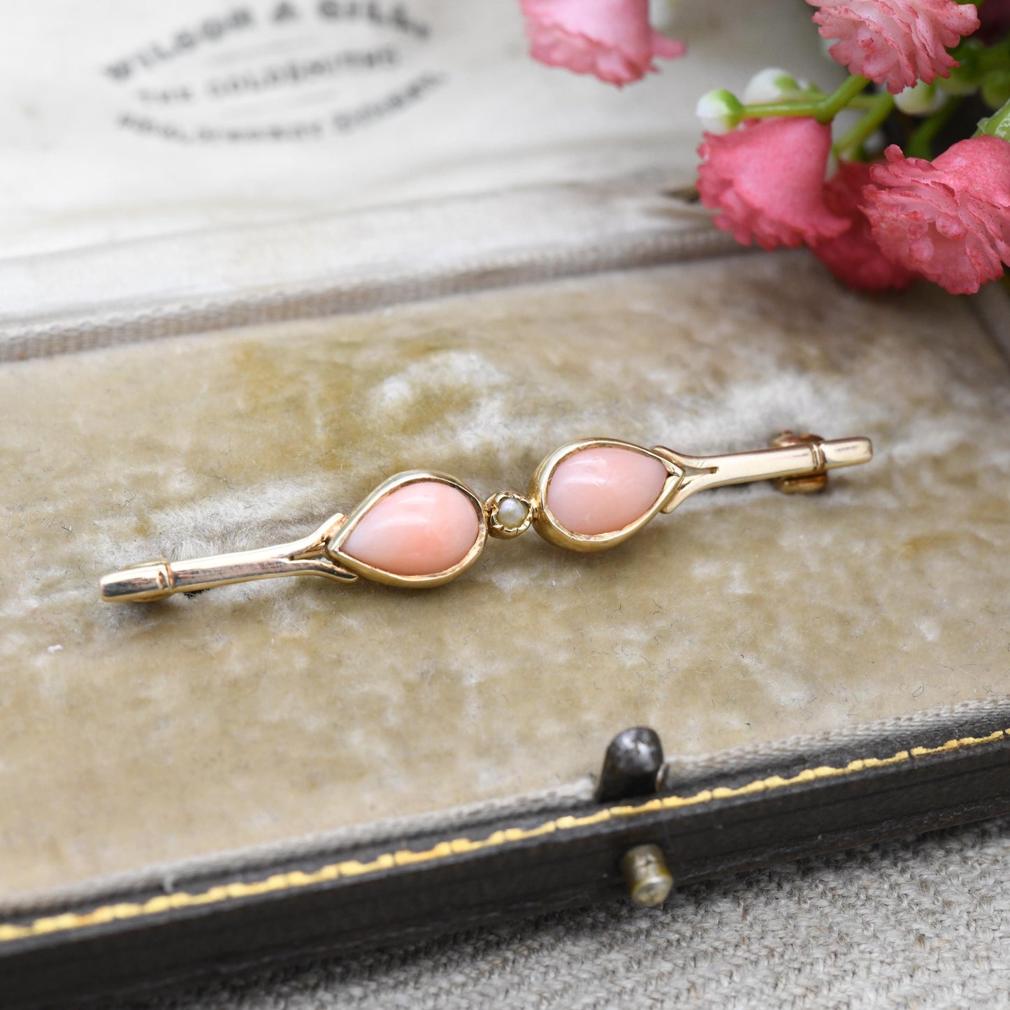 Vintage Solid 9ct Gold Pearl Bar Brooch 1985 - Cabochon Pink Gemstone Flower Design Teardrop Pear Shape Pretty Gift for Her