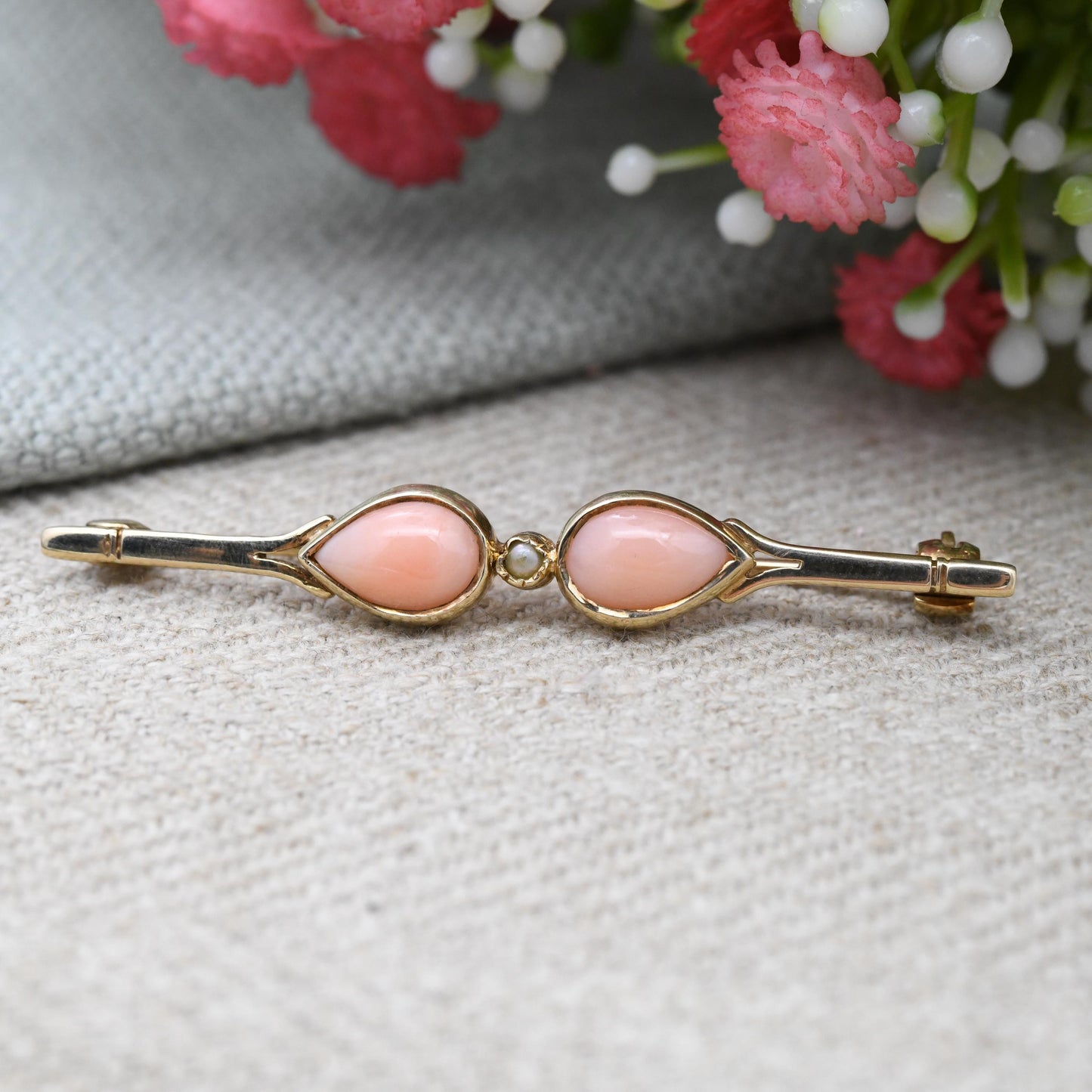 Vintage Solid 9ct Gold Pearl Bar Brooch 1985 - Cabochon Pink Gemstone Flower Design Teardrop Pear Shape Pretty Gift for Her