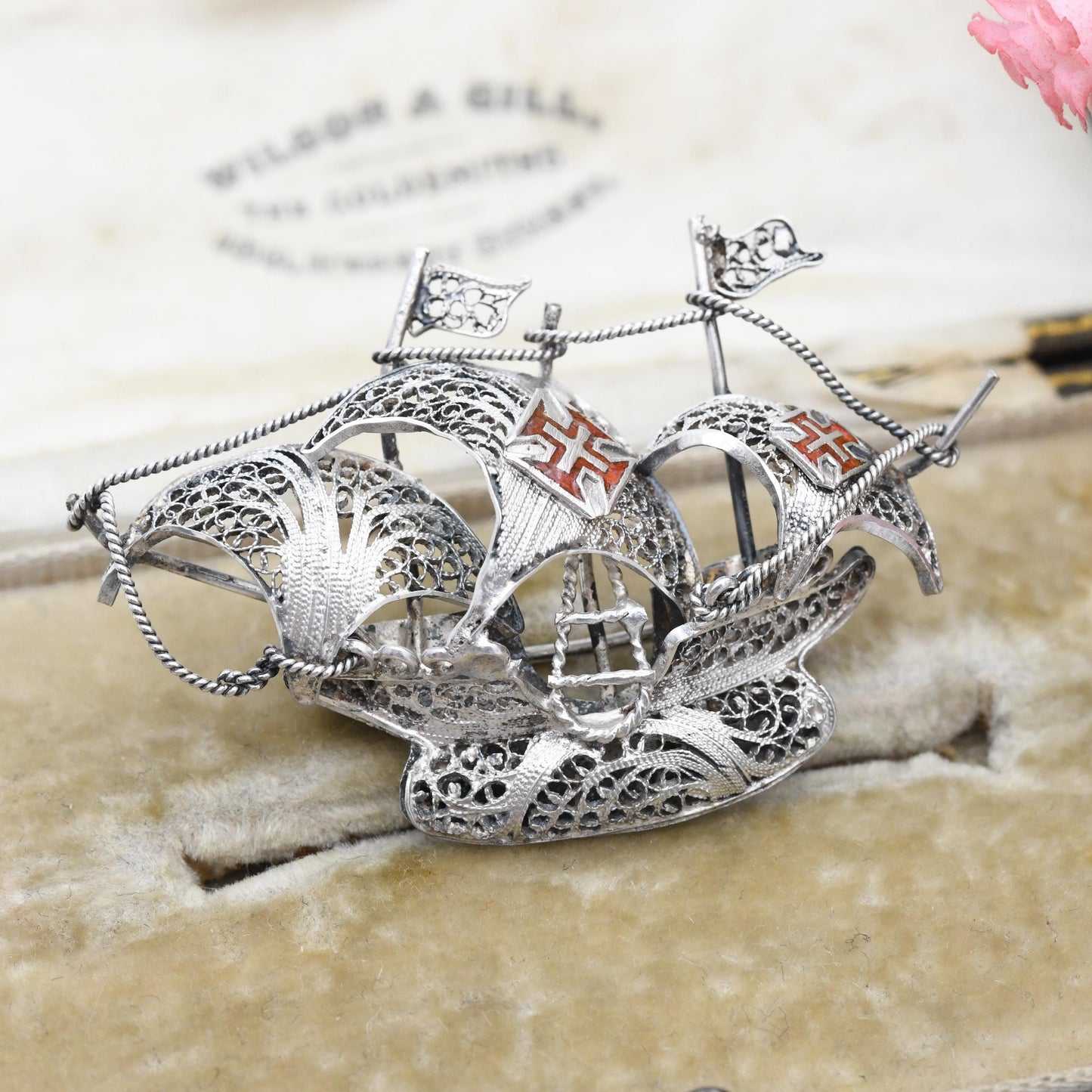 Vintage Portuguese Sterling Silver Sailing Ship Brooch Order of Christ Cross - Red Enamel Square Cross Flag Knights Templars Sail Boat