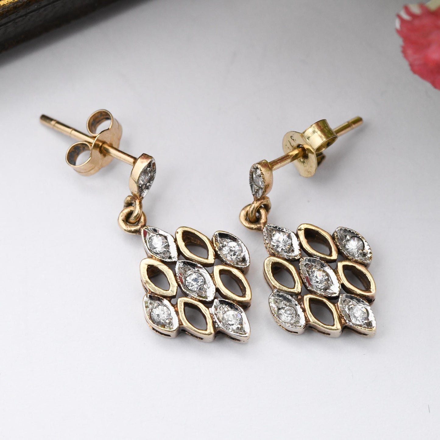 Vintage 9ct Gold Drop Earrings with Clear Stones - Diamond Shape Drops Solid Gold Dangling Studs | Butterfly Backs | Jewellery Gift for Her