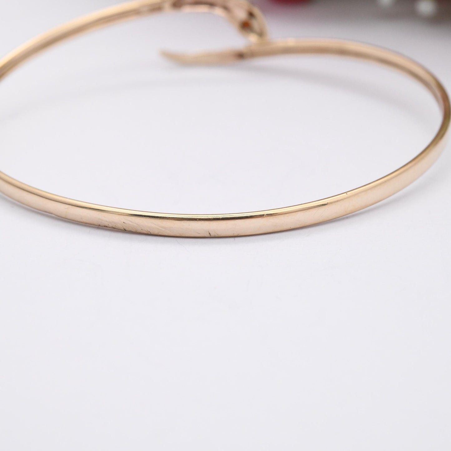 Vintage 9ct Gold Snake Bangle Bracelet with Garnet Eyes - Textured Detail Head and Tail | Serpent Ouroboros Jewellery | Open Adjustable Cuff
