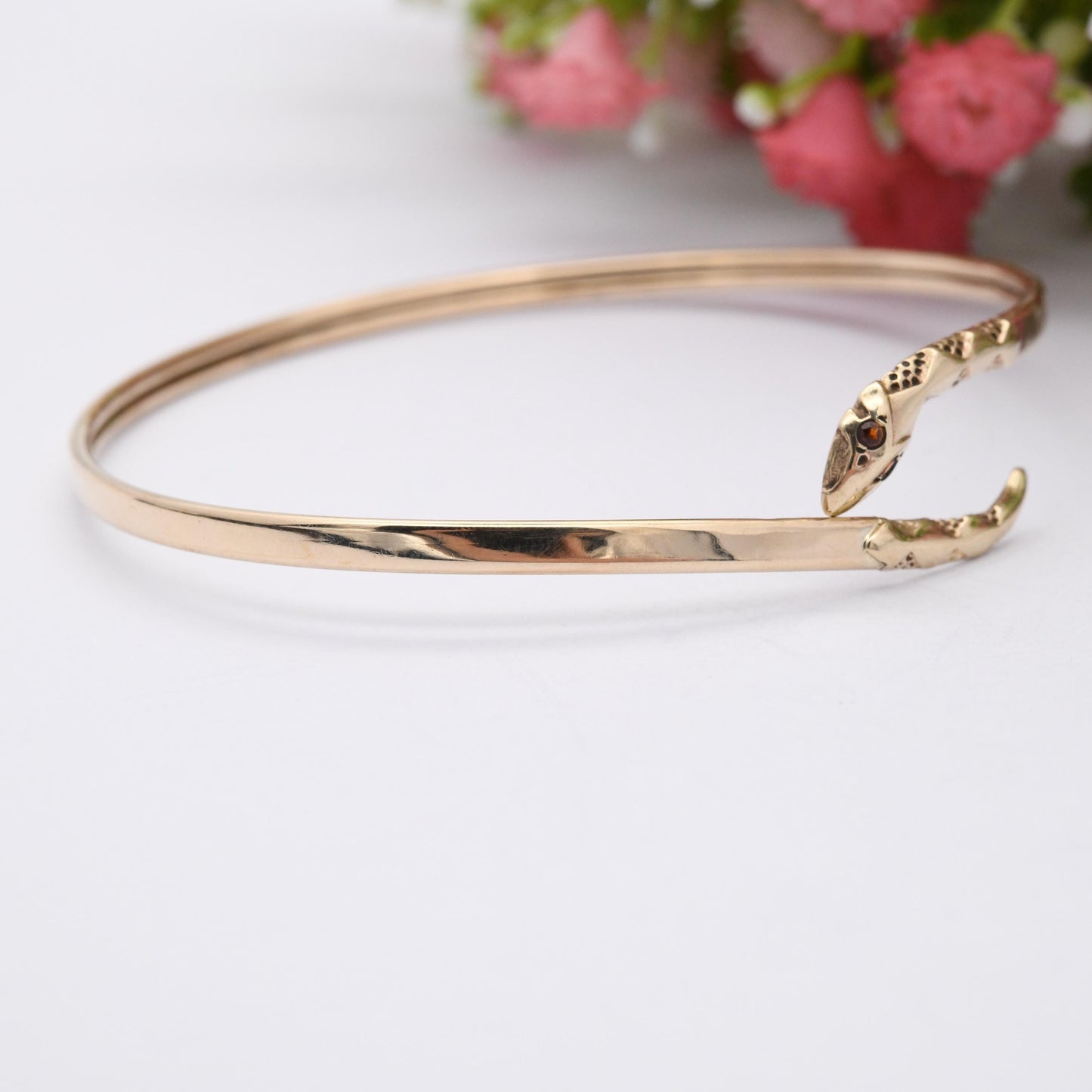 Vintage 9ct Gold Snake Bangle Bracelet with Garnet Eyes - Textured Detail Head and Tail | Serpent Ouroboros Jewellery | Open Adjustable Cuff