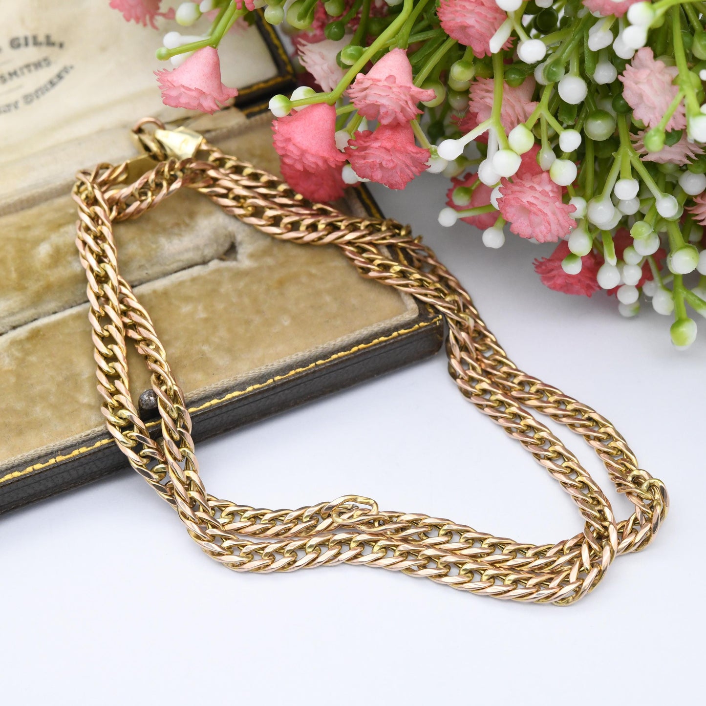 Vintage 9ct Gold Flat Chain Necklace Made in Italy - Unisex Long 9K Solid Gold Double Curb Chain | Rose Gold Jewellery | 51cm | 20"