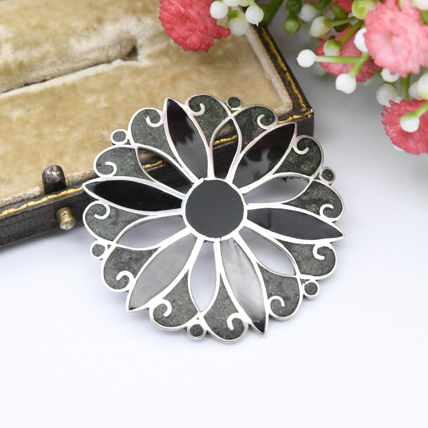 Vintage Mexican Sterling Silver Stone Inlay Pendant Brooch M Ocampo - Taxco Designer Silver Jewellery Pretty Gift for Mum Two Tone Gemstone