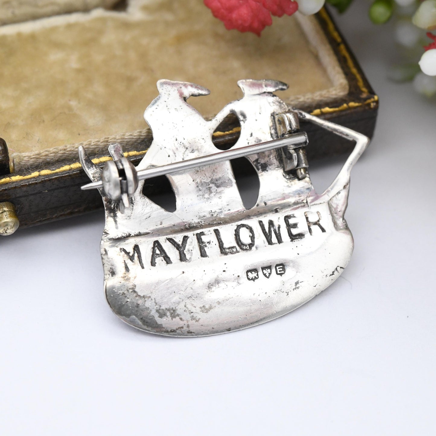 Vintage Mayflower Sterling Silver Ship Brooch 1955 Chester Hallmarks - Figural Sailing Ship | Pilgrims United States Historical Souvenir