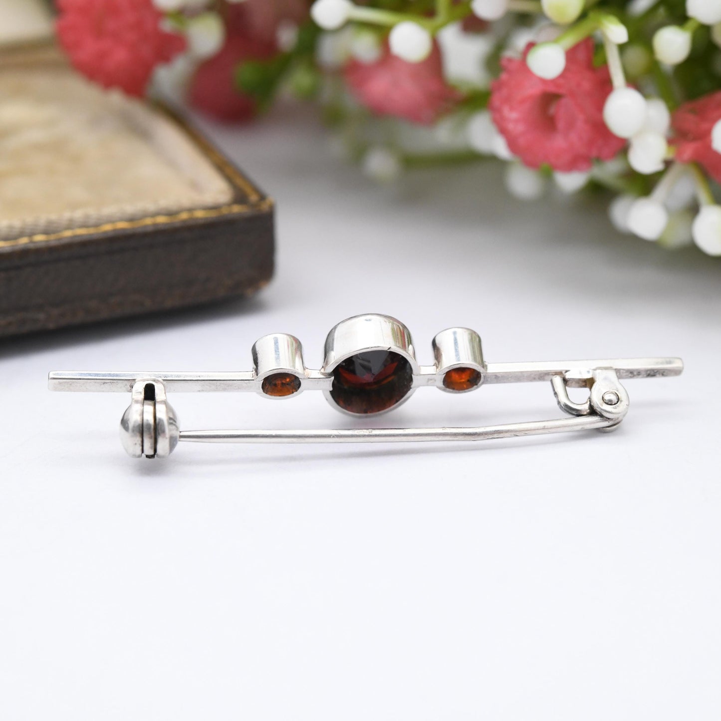 Vintage Sterling Silver Garnet Bar Brooch Three Stone - Understated Trilogy Set with Minimal Design | Faceted Red Gemstone Jewellery Gift