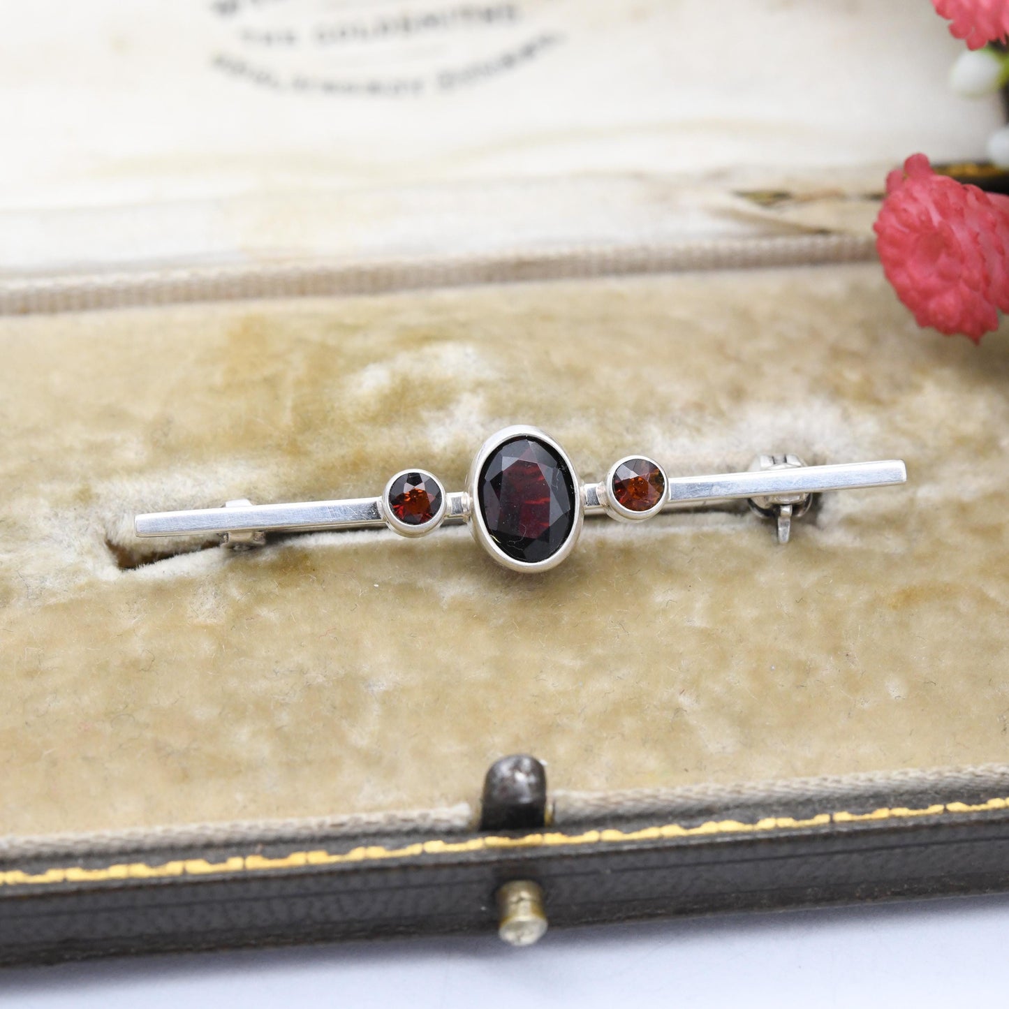 Vintage Sterling Silver Garnet Bar Brooch Three Stone - Understated Trilogy Set with Minimal Design | Faceted Red Gemstone Jewellery Gift