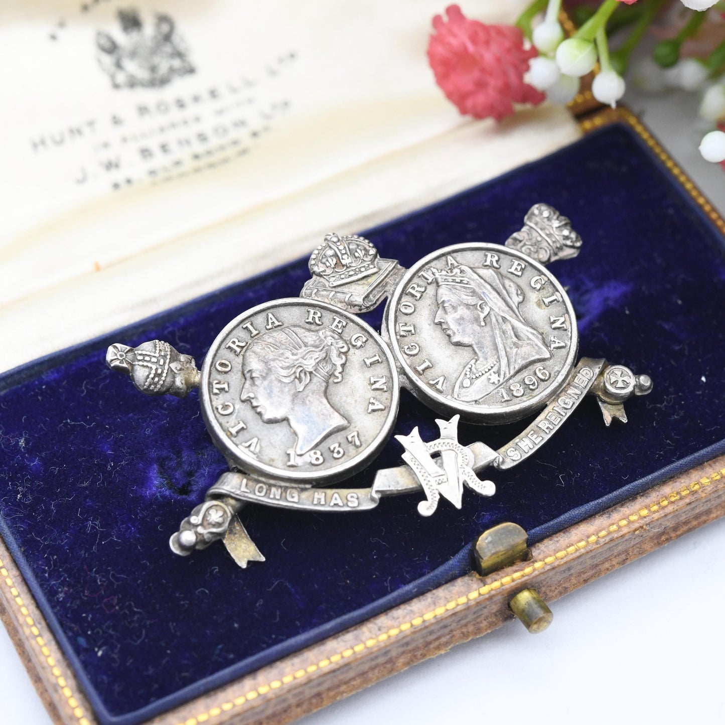 Antique Victoria Diamond Jubilee Sterling Silver Brooch 1837 1896 Longest Reigning - Young Head Old Head Medal Souvenir Long Has She Reigned