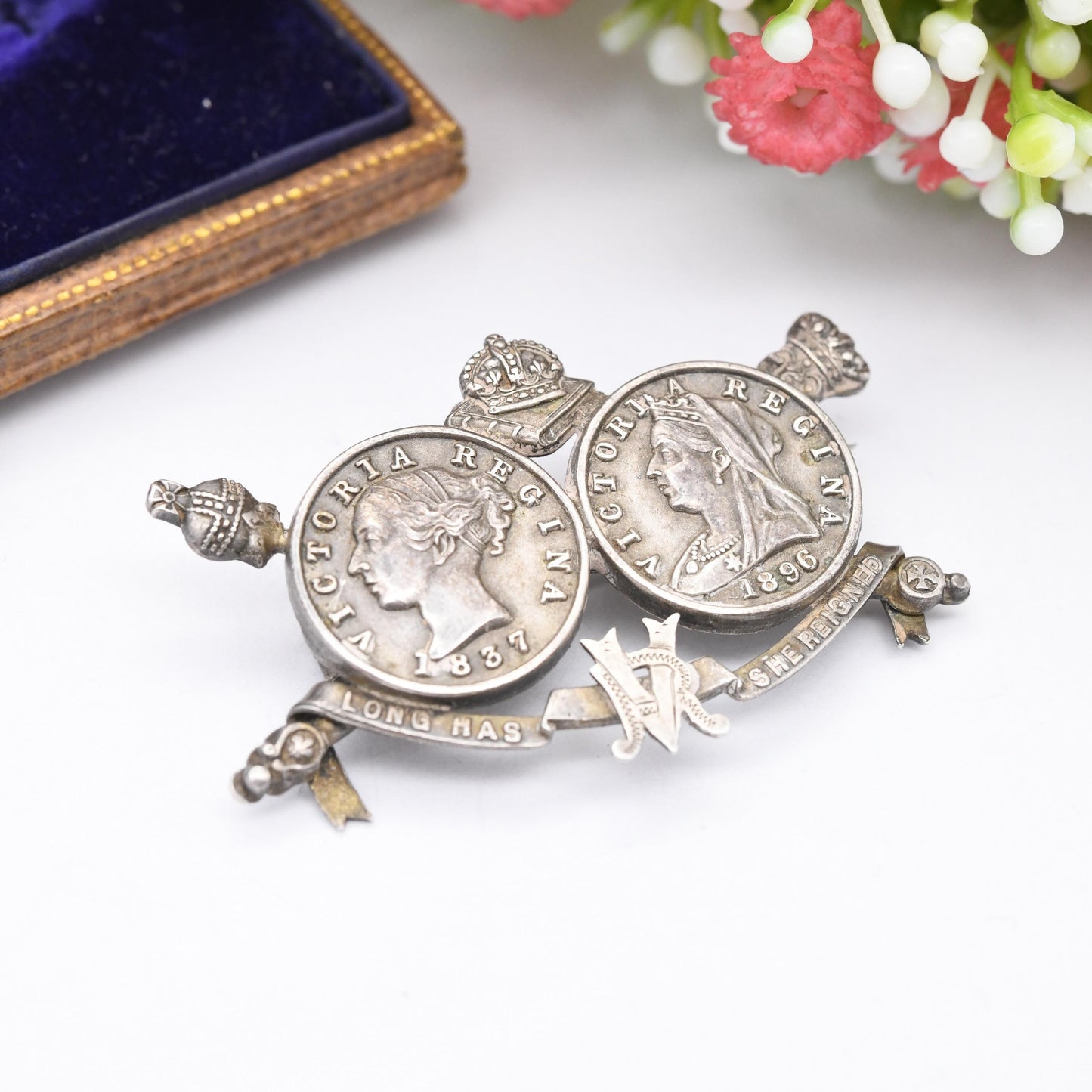 Antique Victoria Diamond Jubilee Sterling Silver Brooch 1837 1896 Longest Reigning - Young Head Old Head Medal Souvenir Long Has She Reigned