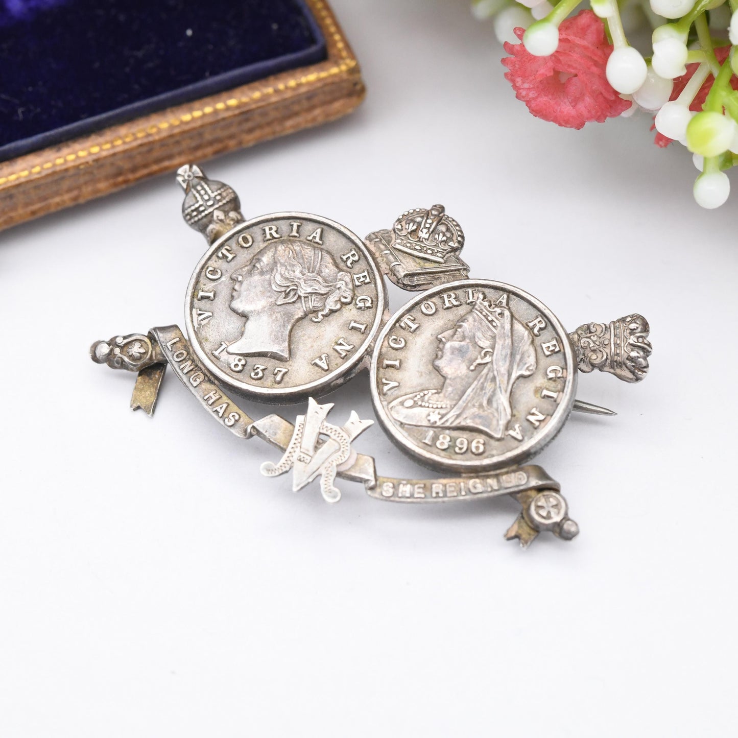 Antique Victoria Diamond Jubilee Sterling Silver Brooch 1837 1896 Longest Reigning - Young Head Old Head Medal Souvenir Long Has She Reigned