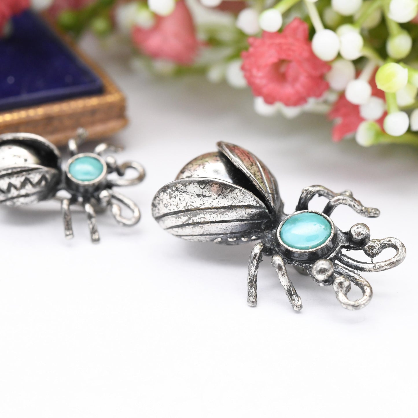 Vintage Maisel's Indian Trading Post Sterling Silver Turquoise Bug Brooches - New Mexico Signed Insect Jewellery Matching Pair in Two Sizes