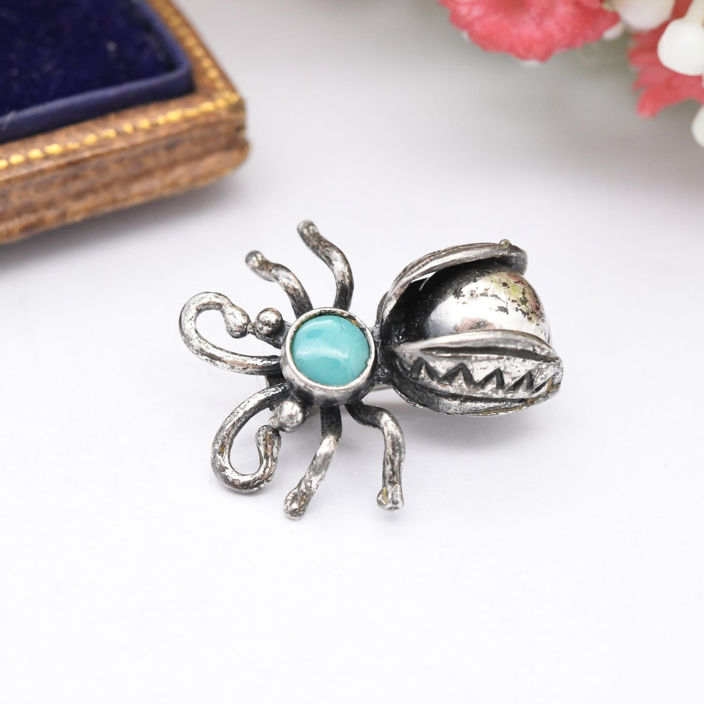 Vintage Maisel's Indian Trading Post Sterling Silver Turquoise Bug Brooches - New Mexico Signed Insect Jewellery Matching Pair in Two Sizes