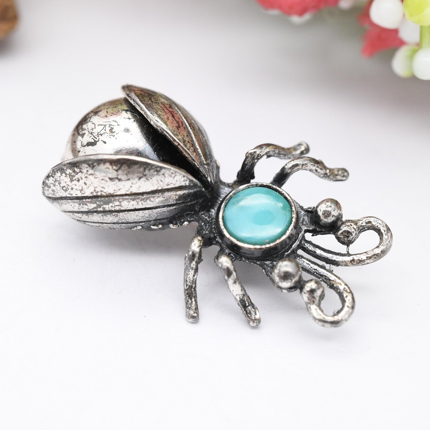 Vintage Maisel's Indian Trading Post Sterling Silver Turquoise Bug Brooches - New Mexico Signed Insect Jewellery Matching Pair in Two Sizes