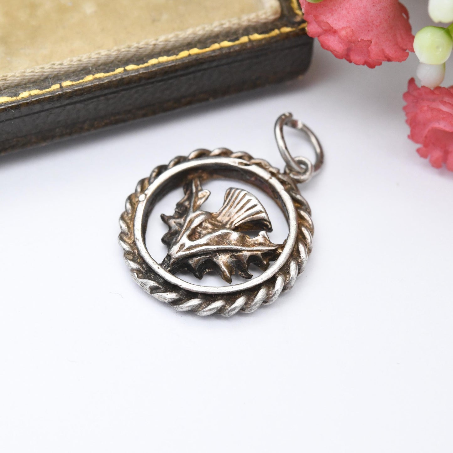 Vintage Sterling Silver Scottish Thistle Charm Pendant - Patriotic Scotland Flower Floral Souvenir Gift for Charm Bracelet | Open Rope Twist