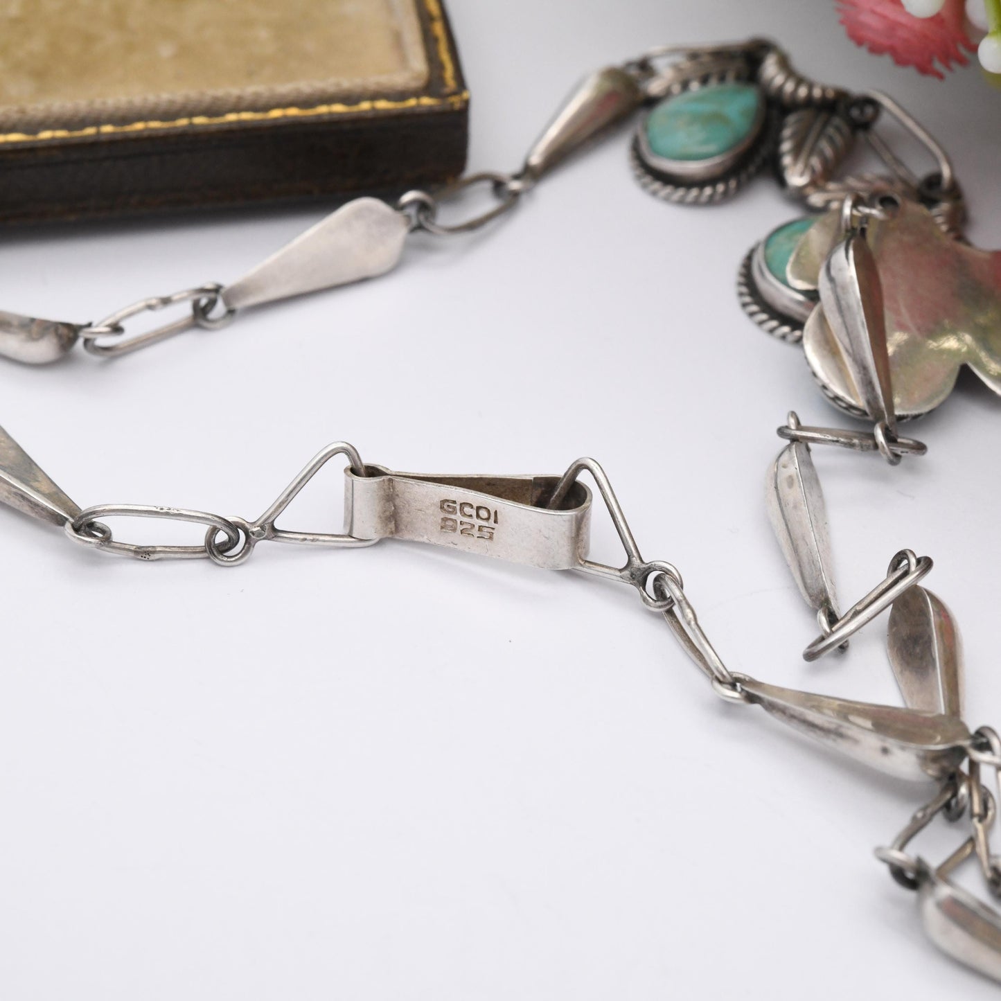 Vintage Sterling Silver Turquoise Necklace with Teardrop Gemstones Signed GCOI c. 1970s - Cabochon Integral Pendants Large Blue Stones