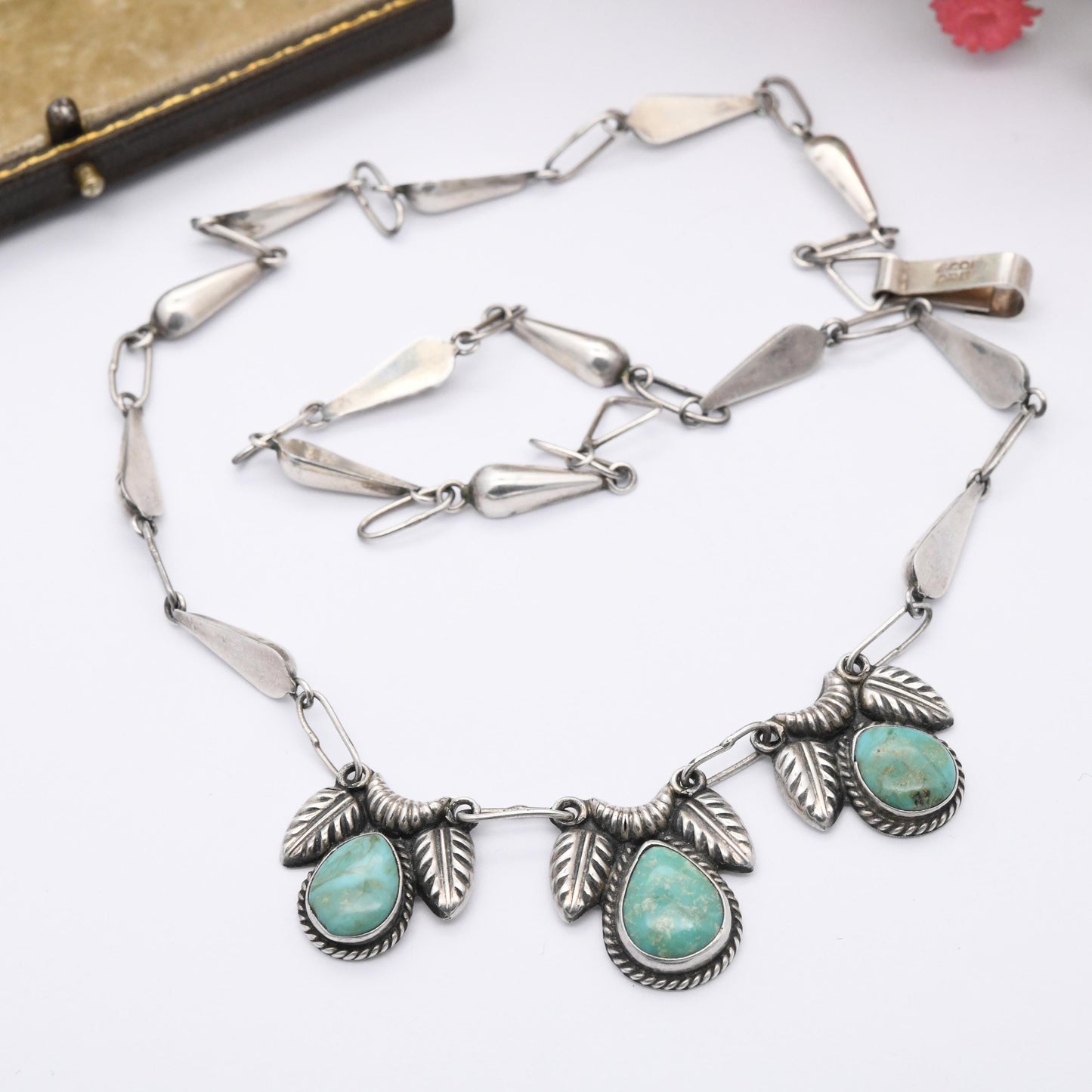 Vintage Sterling Silver Turquoise Necklace with Teardrop Gemstones Signed GCOI c. 1970s - Cabochon Integral Pendants Large Blue Stones